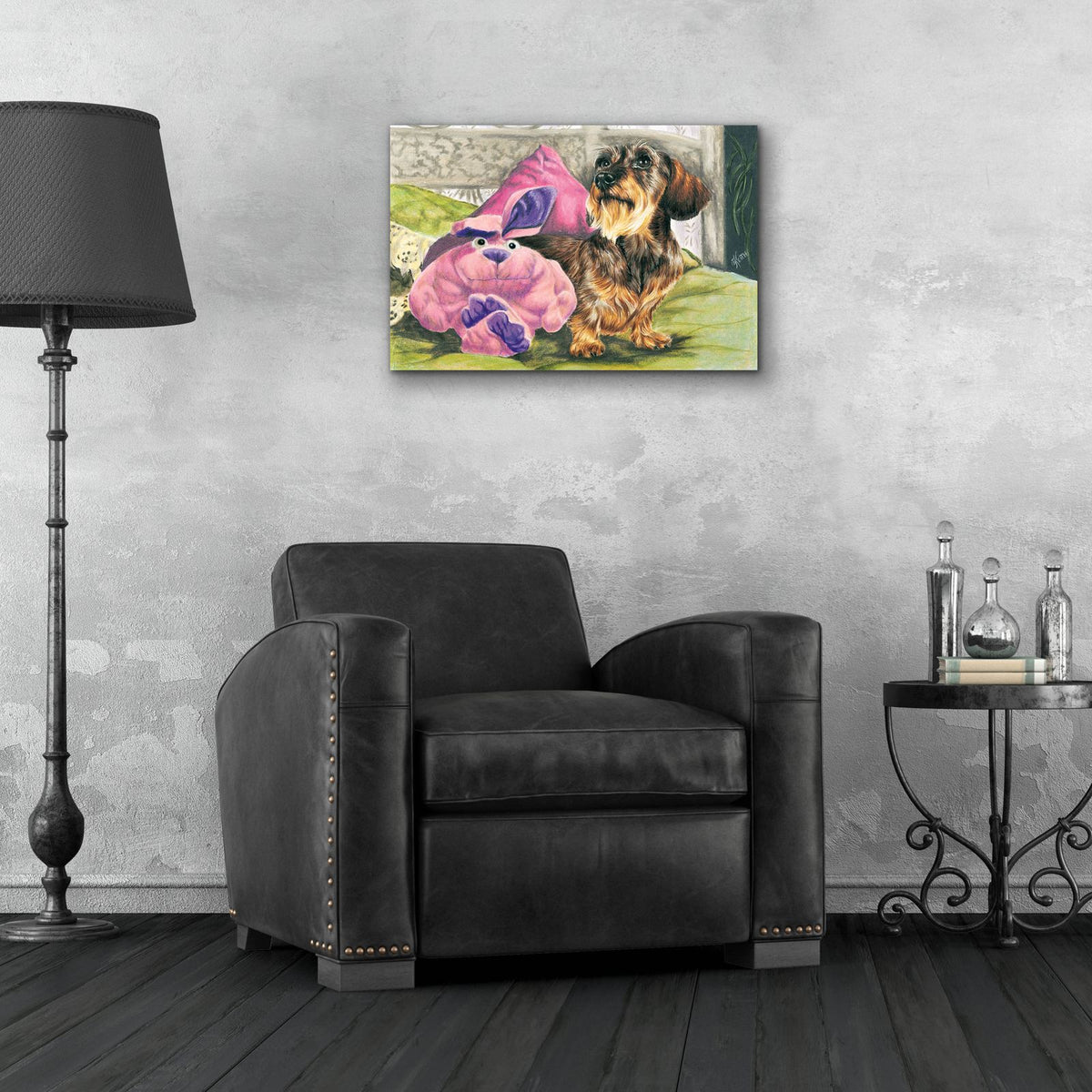 Dachsund With Stuffed Toy by Barbara Keith - 24x16 acrylic wall art in a room