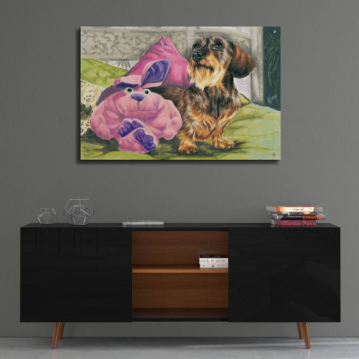 Dachsund With Stuffed Toy by Barbara Keith - 36x24 acrylic wall art in a room