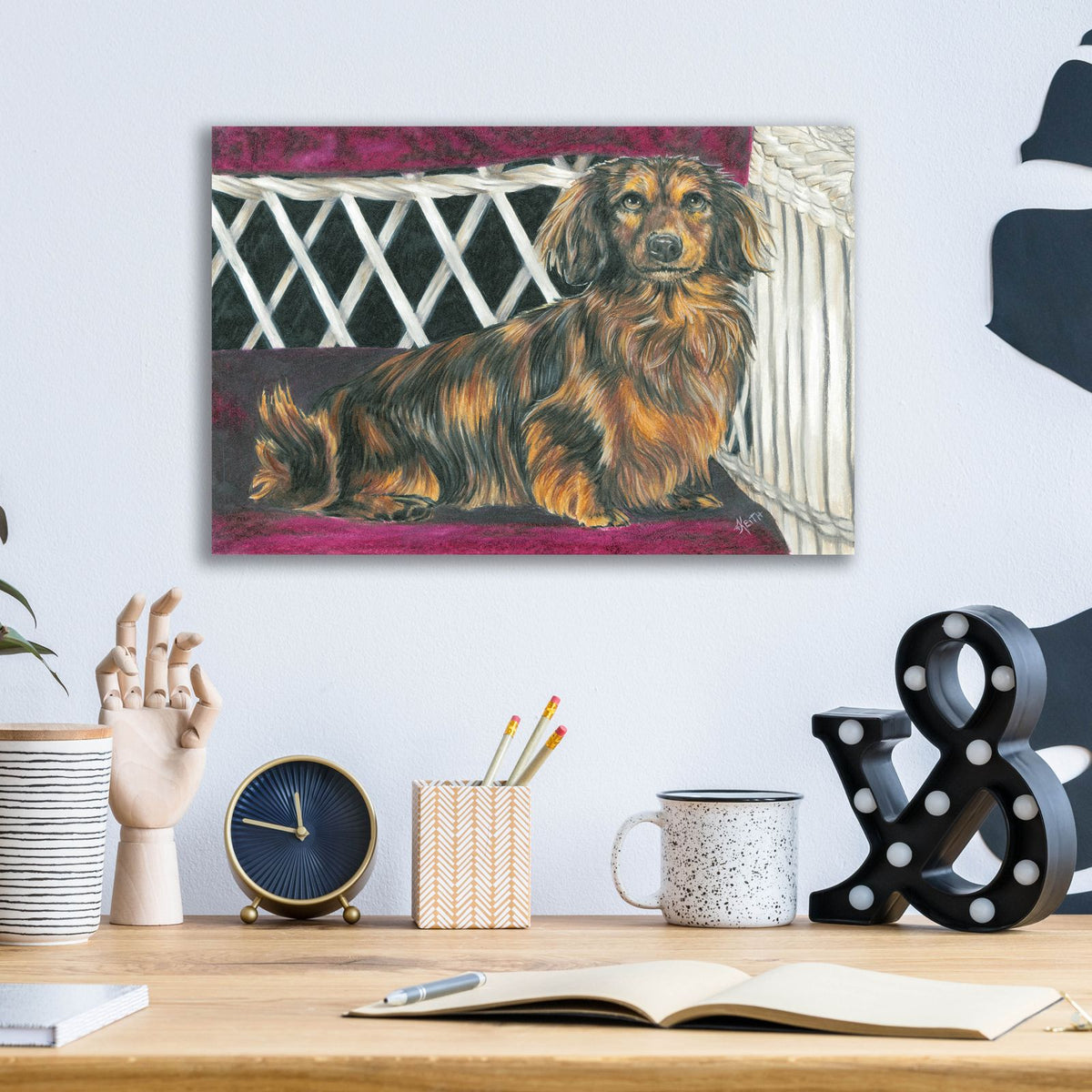 Dachsund In Wicker Chair by Barbara Keith - 16x12 acrylic wall art in a room