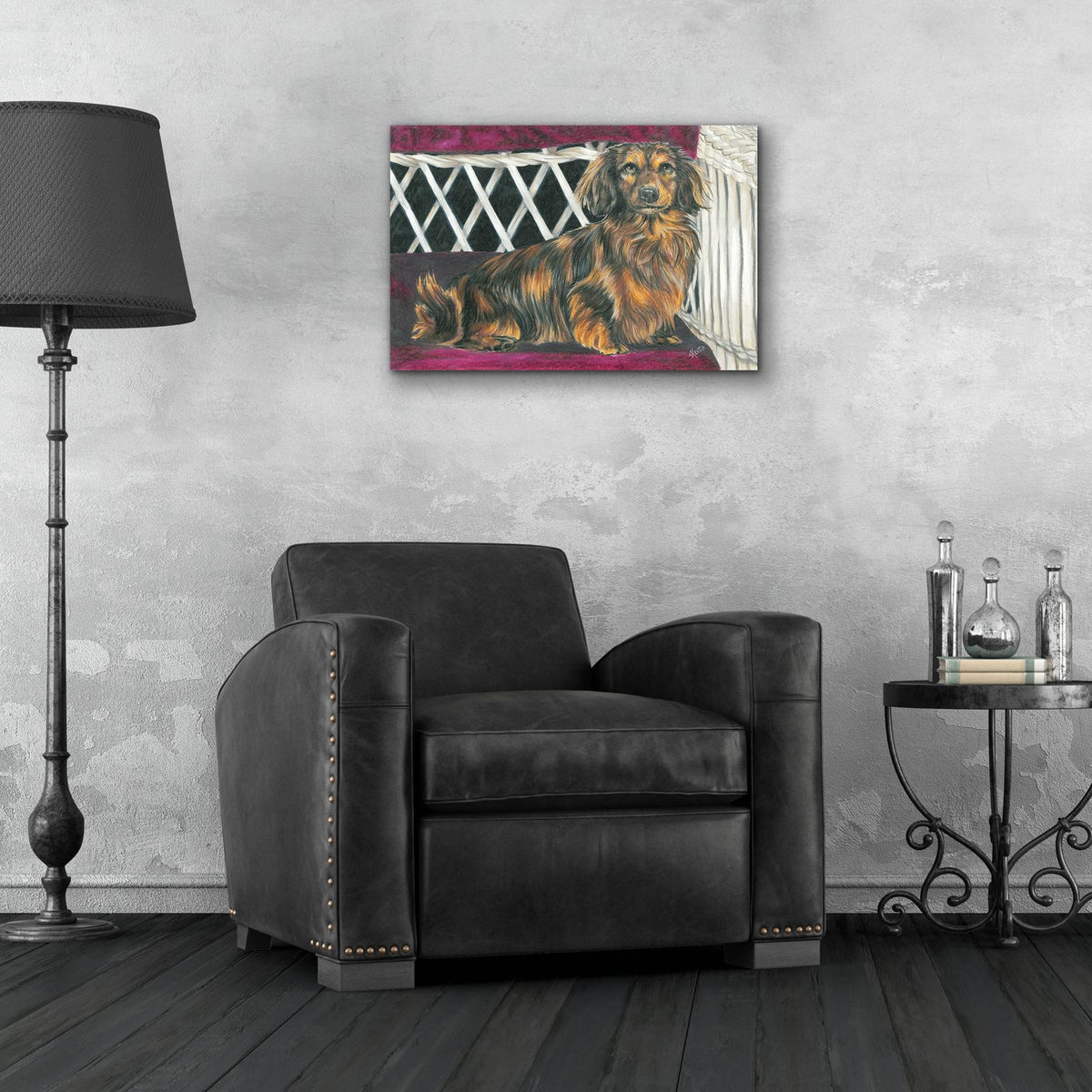 Dachsund In Wicker Chair by Barbara Keith - 24x16 acrylic wall art in a room