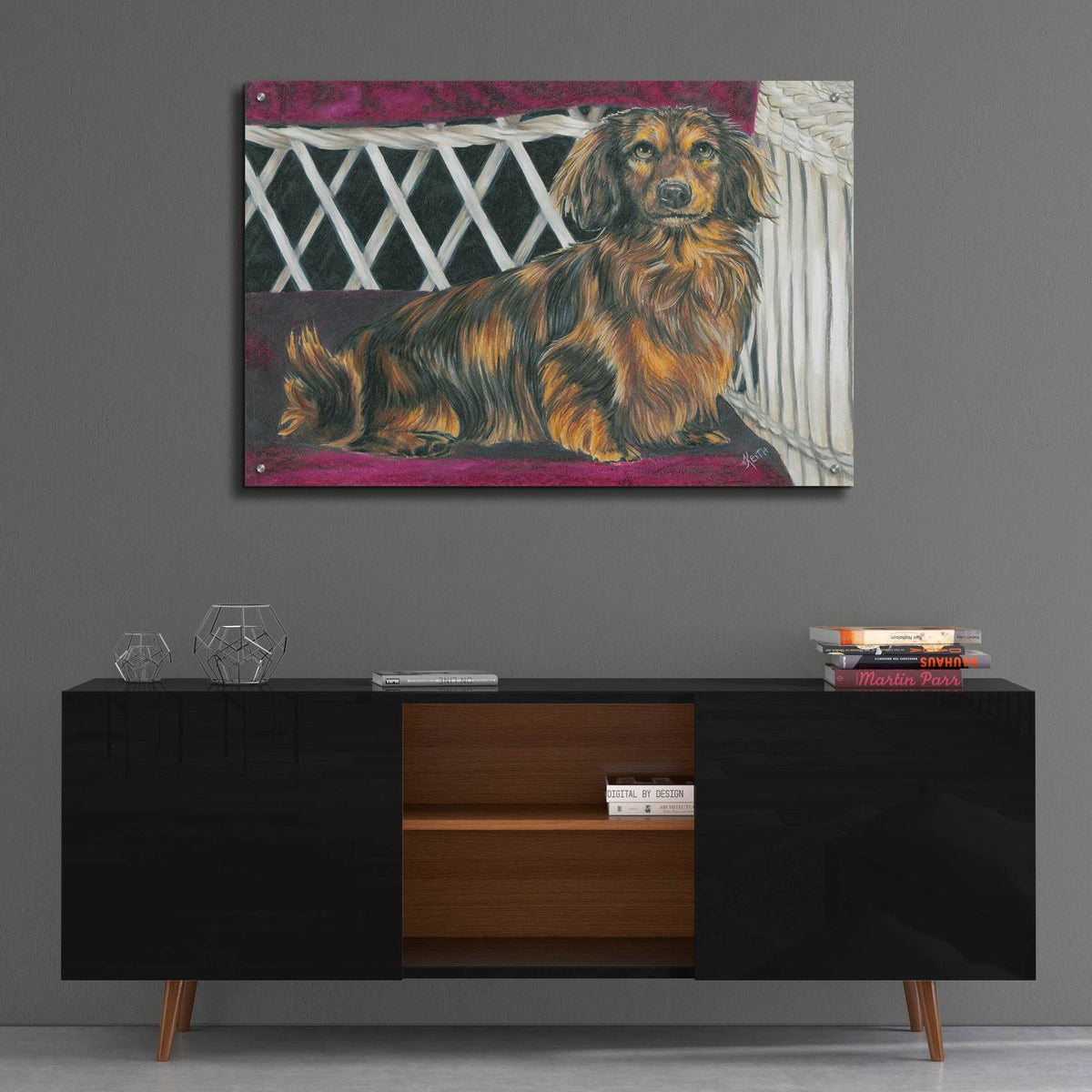Dachsund In Wicker Chair by Barbara Keith - 36x24 acrylic wall art in a room