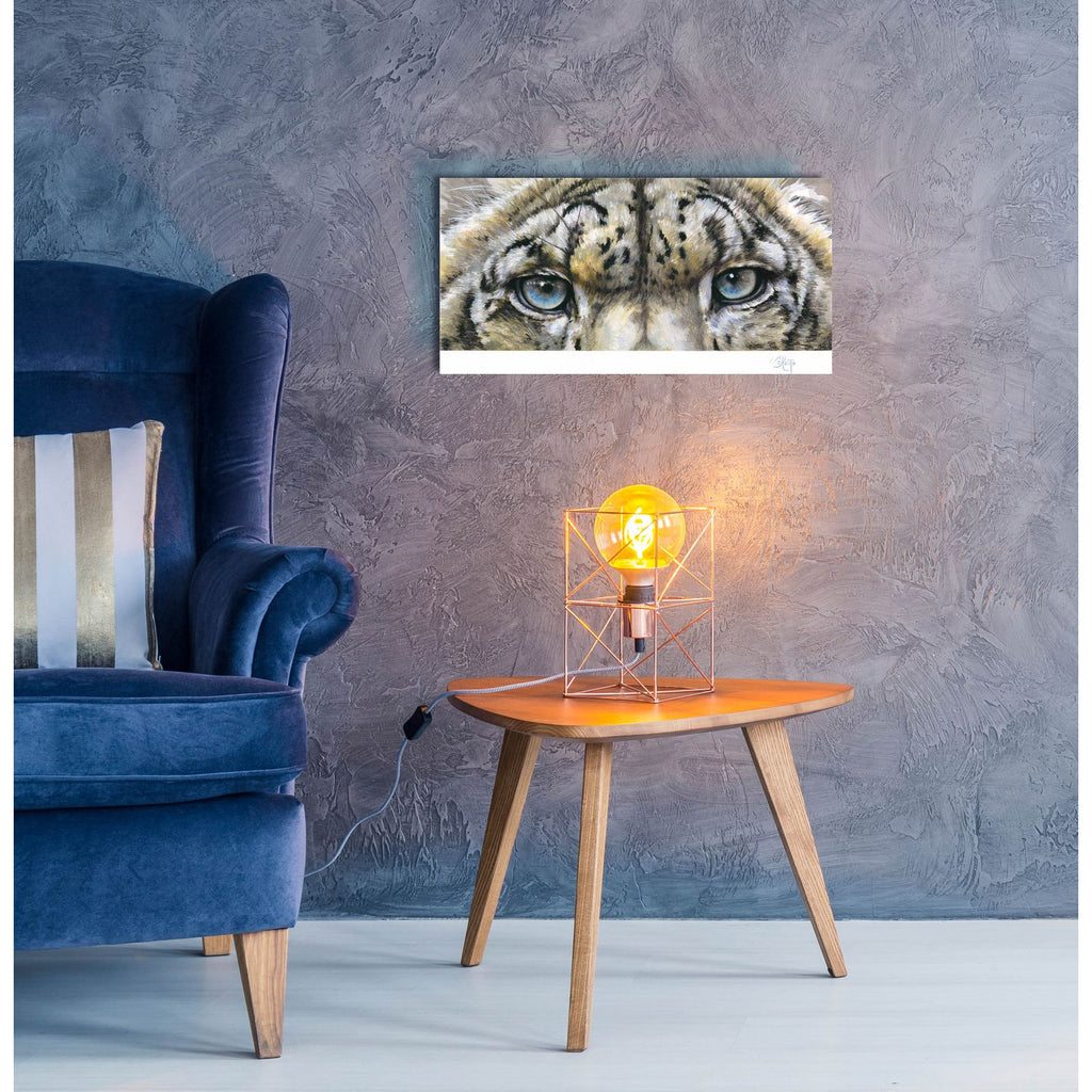 Eye-Catching Snow Leopard by Barbara Keith - 24x12 acrylic wall art in a room