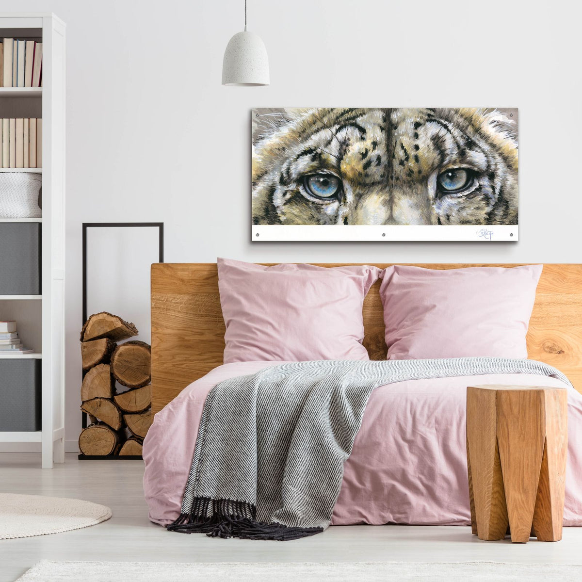 Eye-Catching Snow Leopard by Barbara Keith - 48x24 acrylic wall art in a room