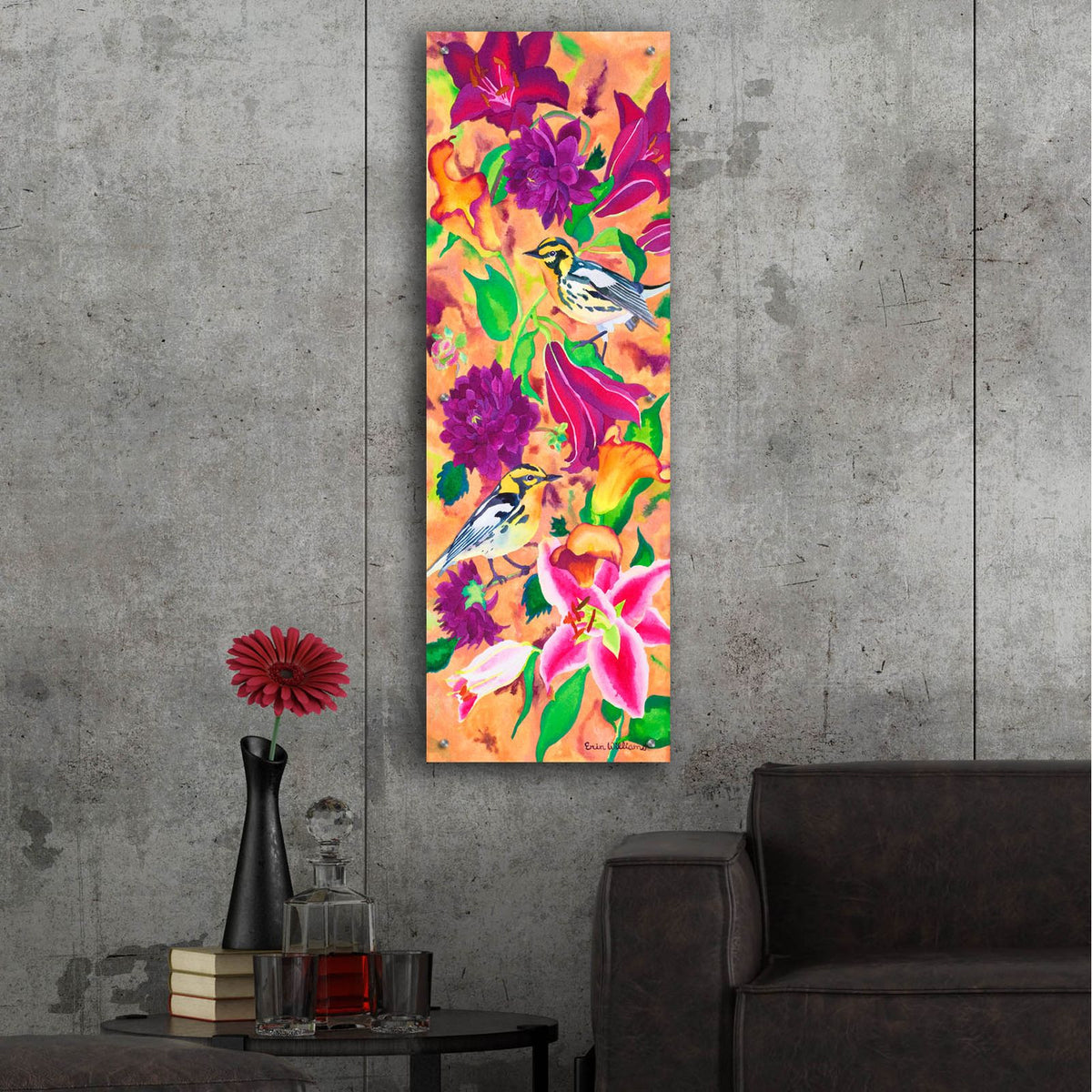 Blackburnian Warblers by Carissa Luminess - 16x48 acrylic wall art in a room
