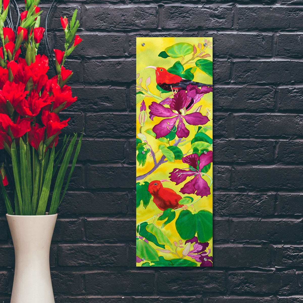 Iiwis in Orchid Tree by Carissa Luminess - 12x36 acrylic wall art in a room