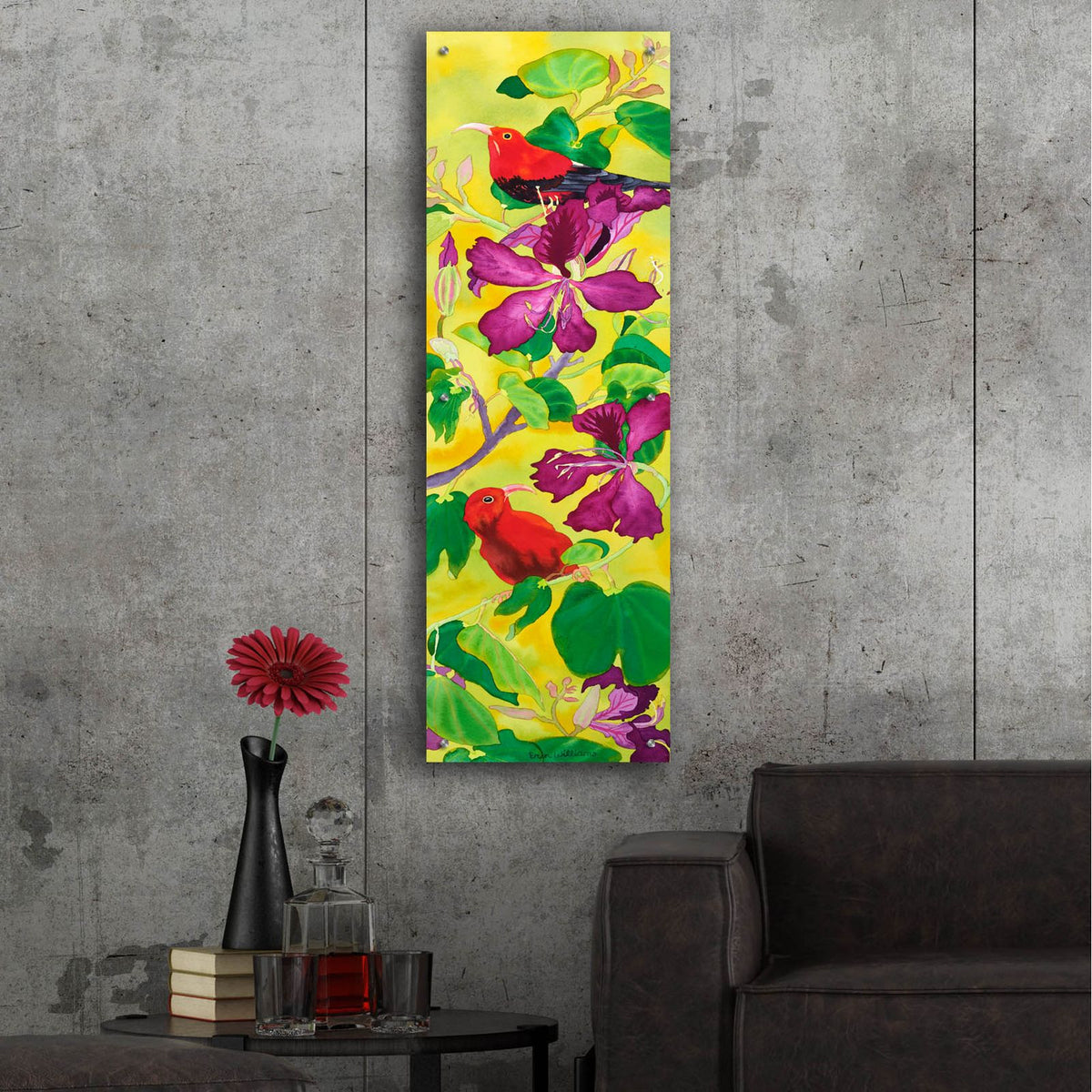 Iiwis in Orchid Tree by Carissa Luminess - 16x48 acrylic wall art in a room