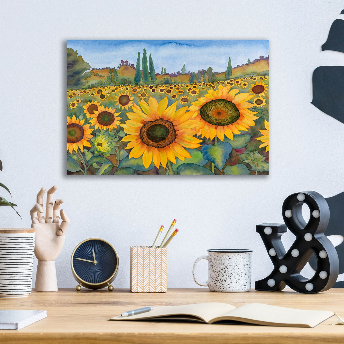 Sunflower Fields by Carissa Luminess - 16x12 acrylic wall art in a room