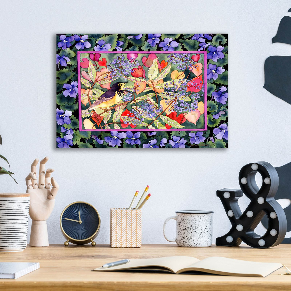Bird with Elderberries by Carissa Luminess - 16x12 acrylic wall art in a room