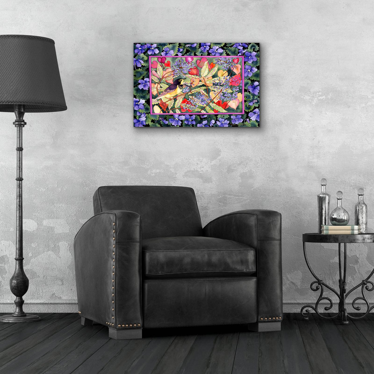 Bird with Elderberries by Carissa Luminess - 24x16 acrylic wall art in a room