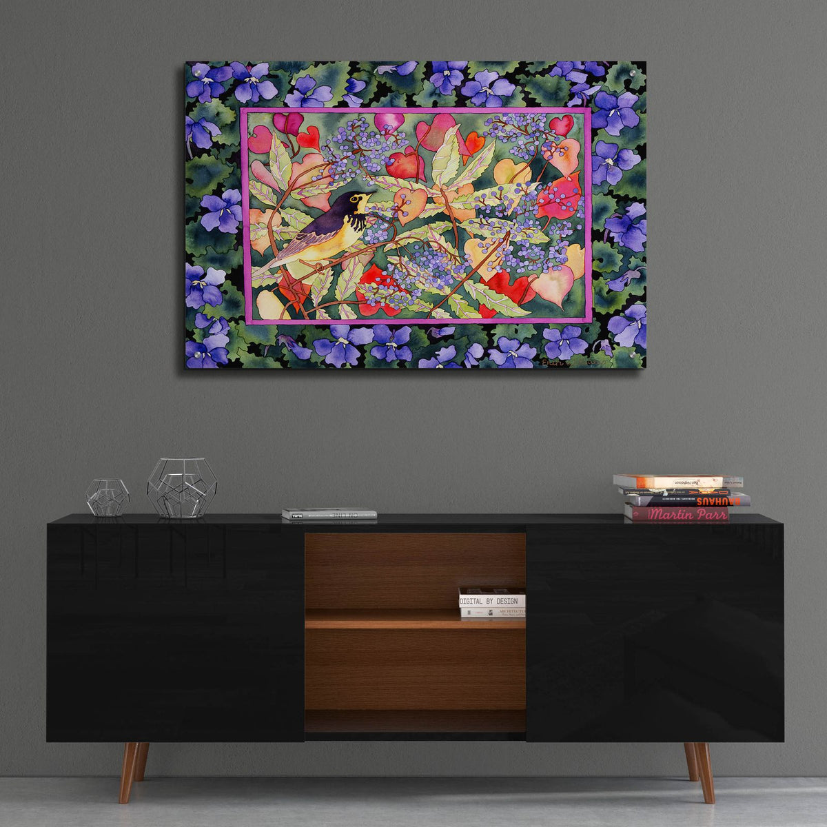 Bird with Elderberries by Carissa Luminess - 36x24 acrylic wall art in a room