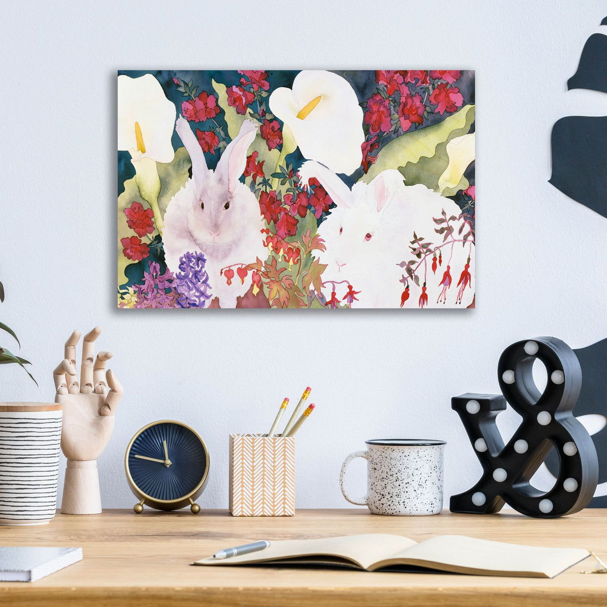 Bunnies with Callas by Carissa Luminess - 16x12 acrylic wall art in a room
