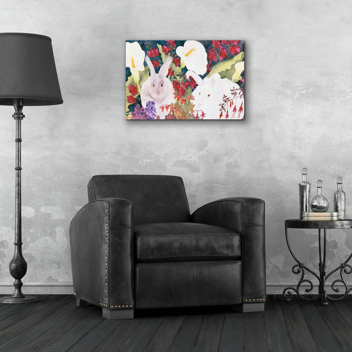 Bunnies with Callas by Carissa Luminess - 24x16 acrylic wall art in a room
