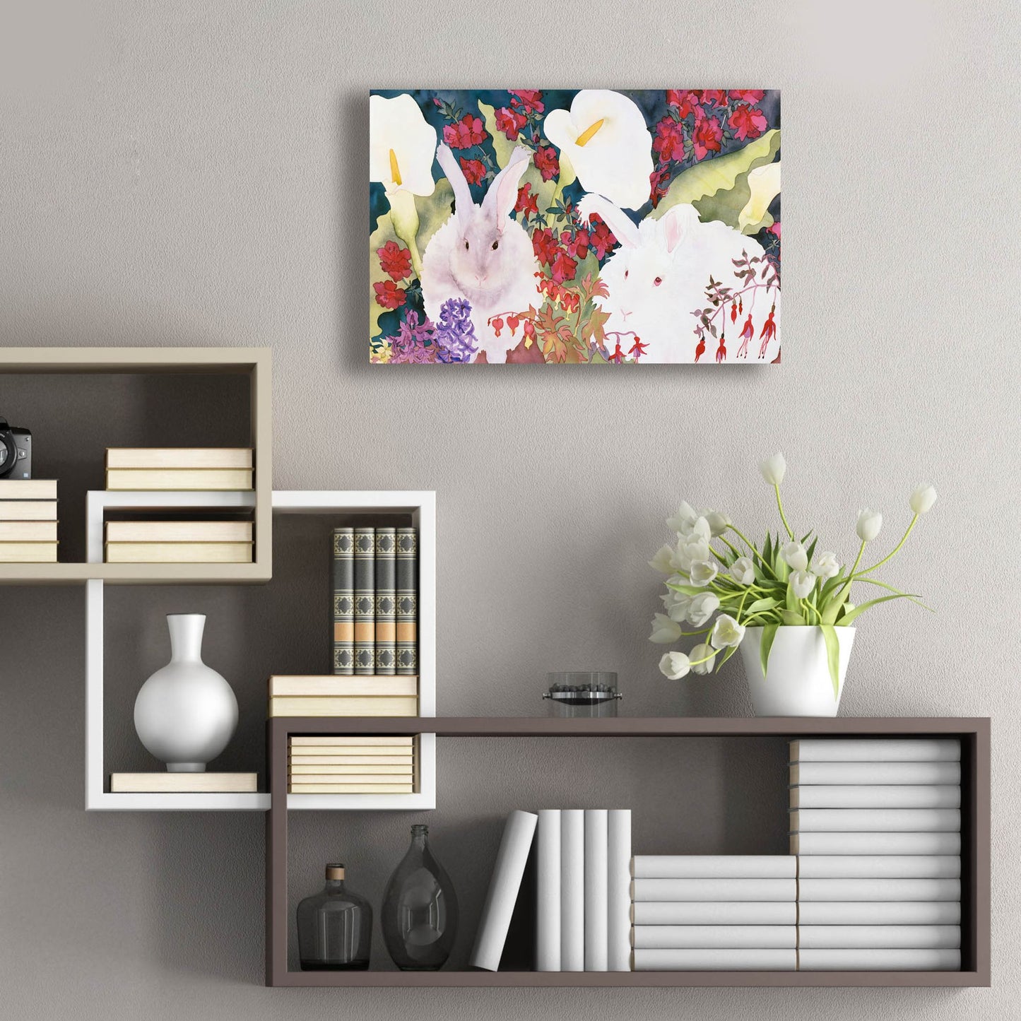 Epic Art 'Bunnies with Callas' by Carissa Luminess, Acrylic Glass Wall Art,24x16