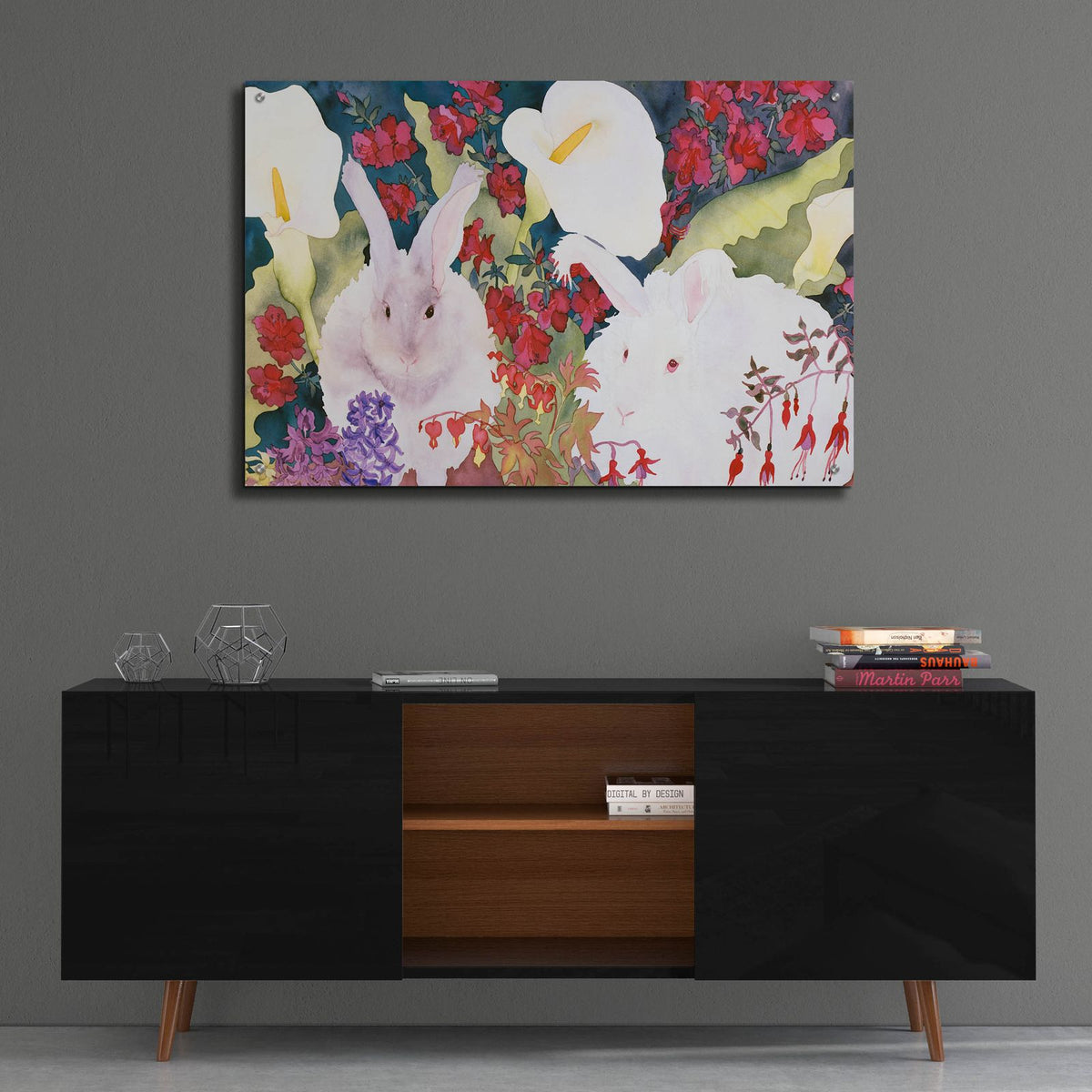 Bunnies with Callas by Carissa Luminess - 36x24 acrylic wall art in a room
