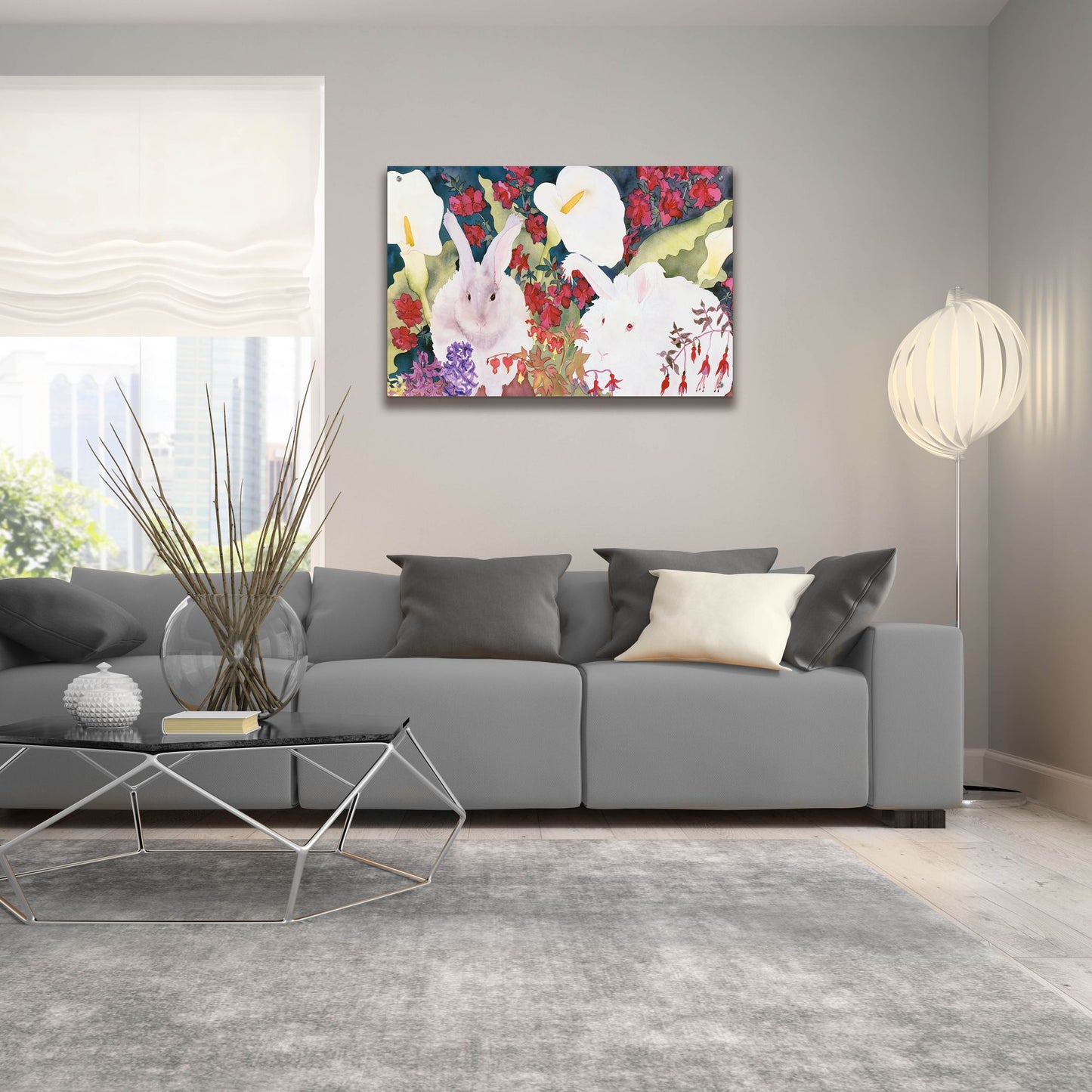 Epic Art 'Bunnies with Callas' by Carissa Luminess, Acrylic Glass Wall Art,36x24