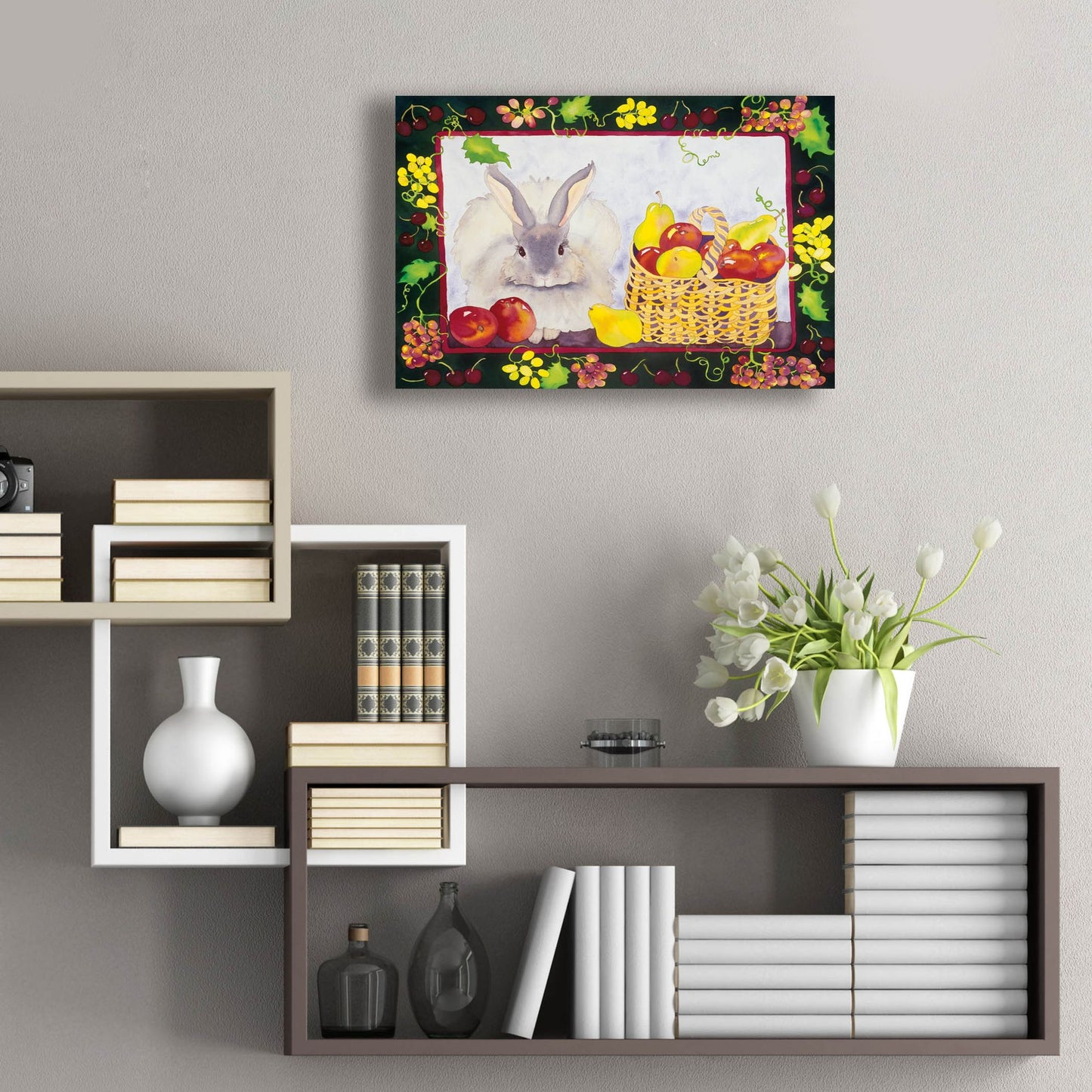 Epic Art 'Bunny with Fruit Basket' by Carissa Luminess, Acrylic Glass Wall Art,24x16