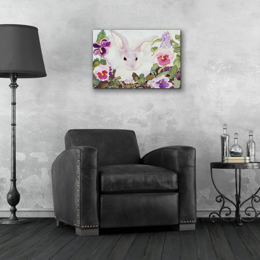 Bunny with Pansies by Carissa Luminess - 24x16 acrylic wall art in a room