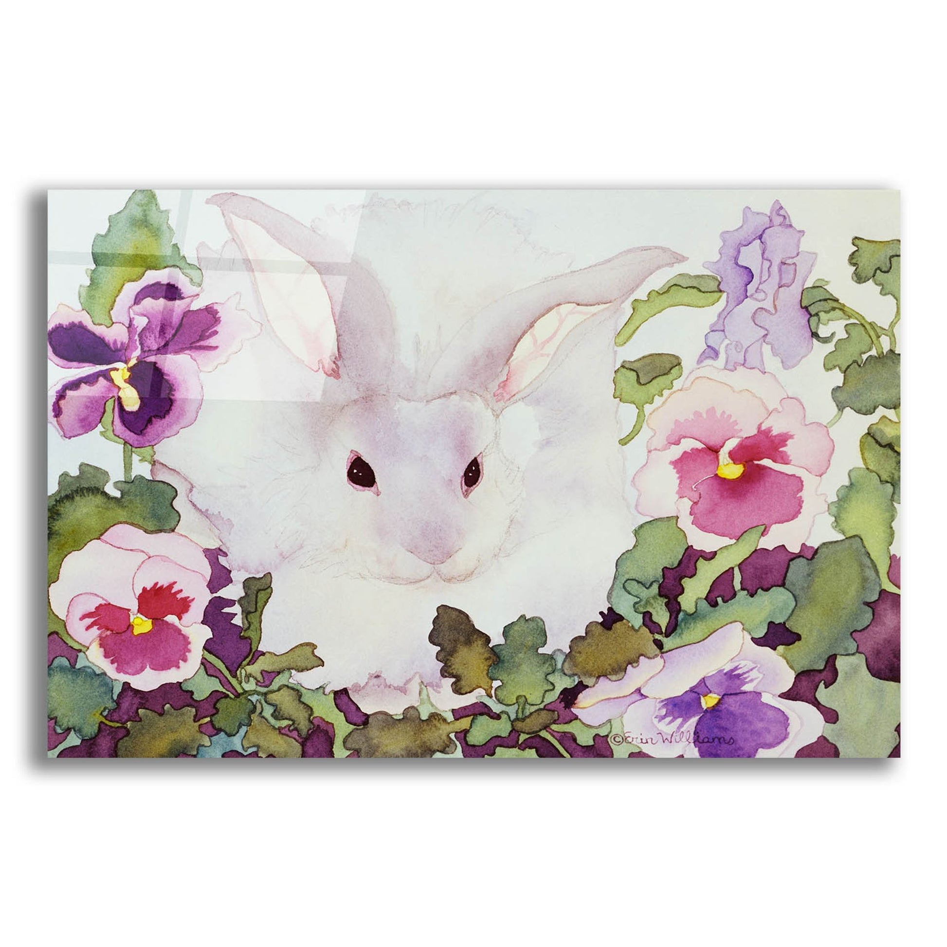 Epic Art 'Bunny with Pansies' by Carissa Luminess, Acrylic Glass Wall Art,24x16