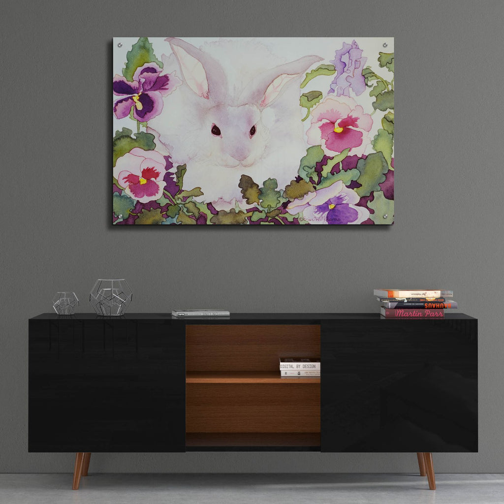 Bunny with Pansies by Carissa Luminess - 36x24 acrylic wall art in a room