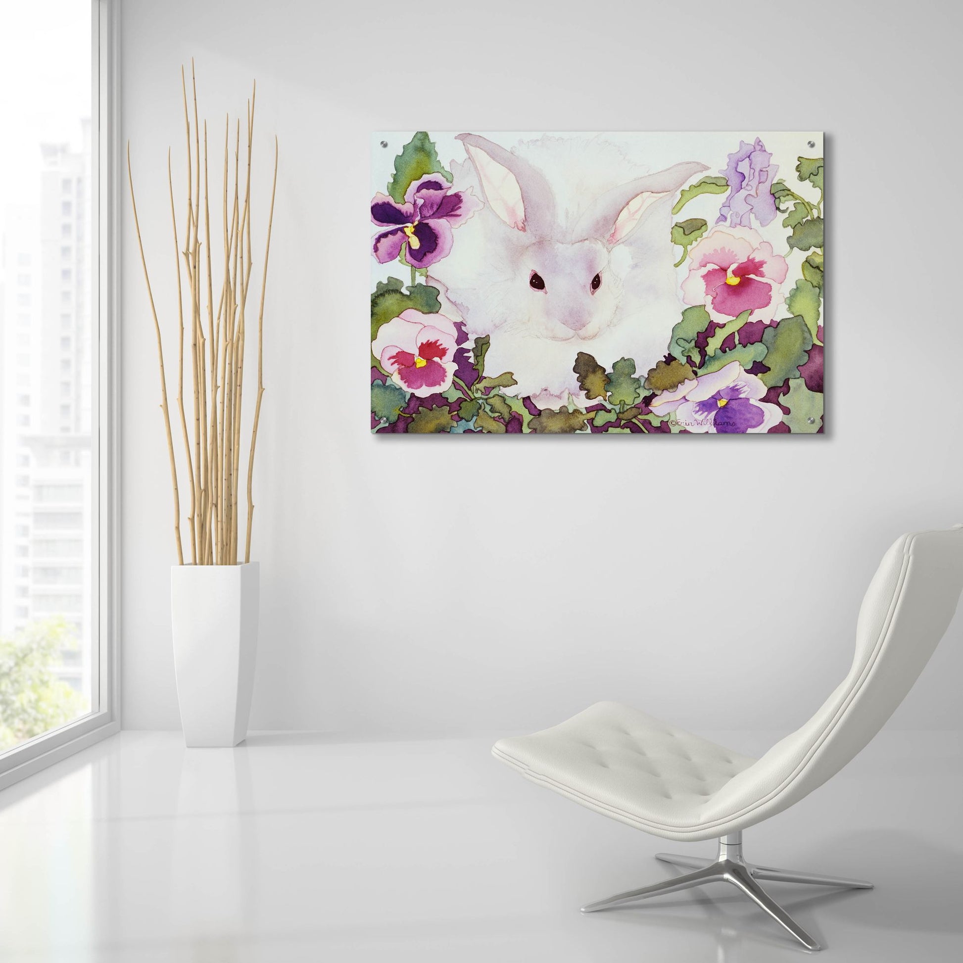 Epic Art 'Bunny with Pansies' by Carissa Luminess, Acrylic Glass Wall Art,36x24