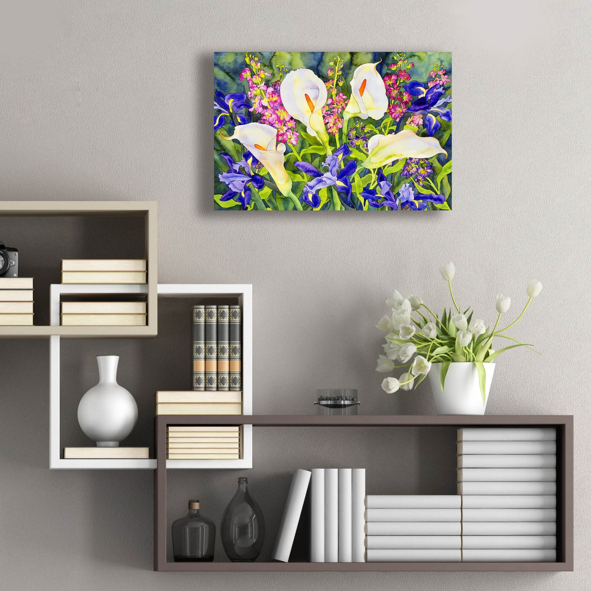 Epic Art 'Callas with Irises' by Carissa Luminess, Acrylic Glass Wall Art,24x16