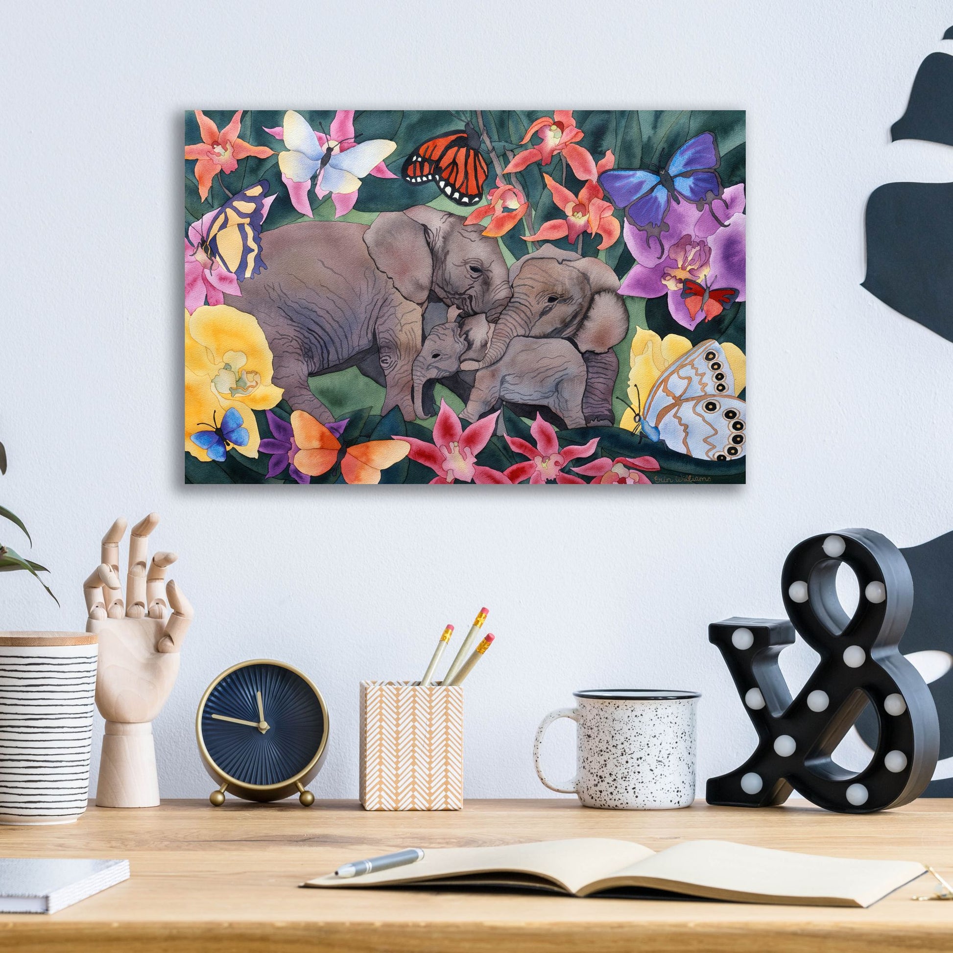 Epic Art 'Elephants and Butterflies' by Carissa Luminess, Acrylic Glass Wall Art,16x12