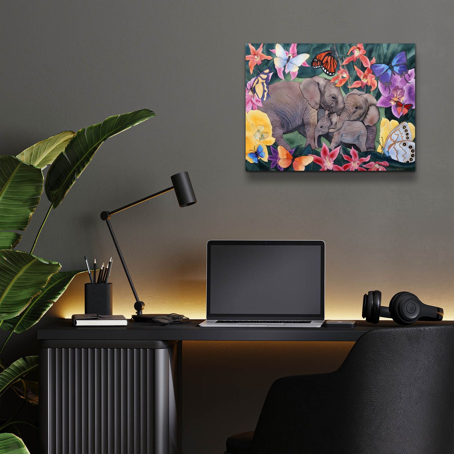 Epic Art 'Elephants and Butterflies' by Carissa Luminess, Acrylic Glass Wall Art,16x12