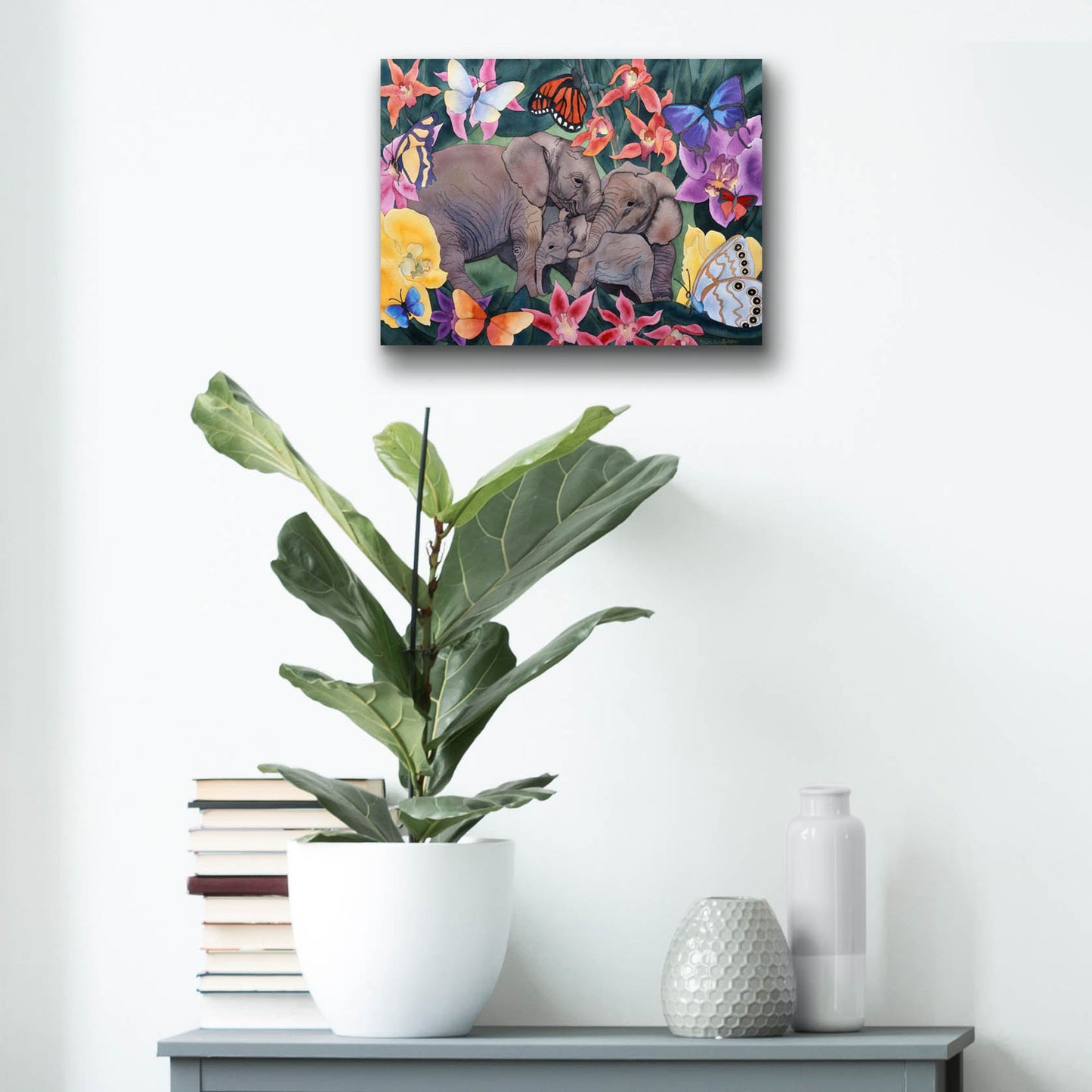 Epic Art 'Elephants and Butterflies' by Carissa Luminess, Acrylic Glass Wall Art,16x12