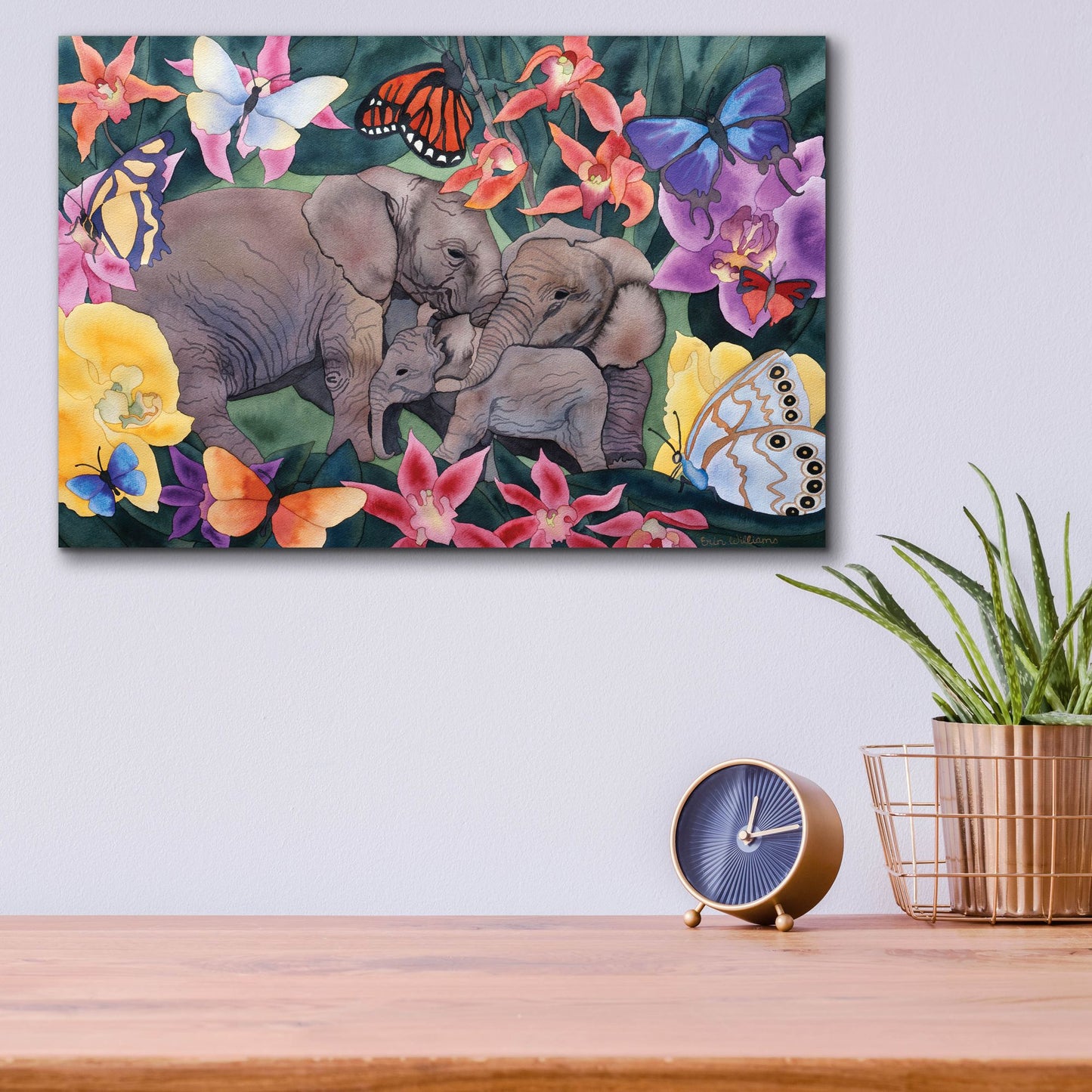 Epic Art 'Elephants and Butterflies' by Carissa Luminess, Acrylic Glass Wall Art,16x12