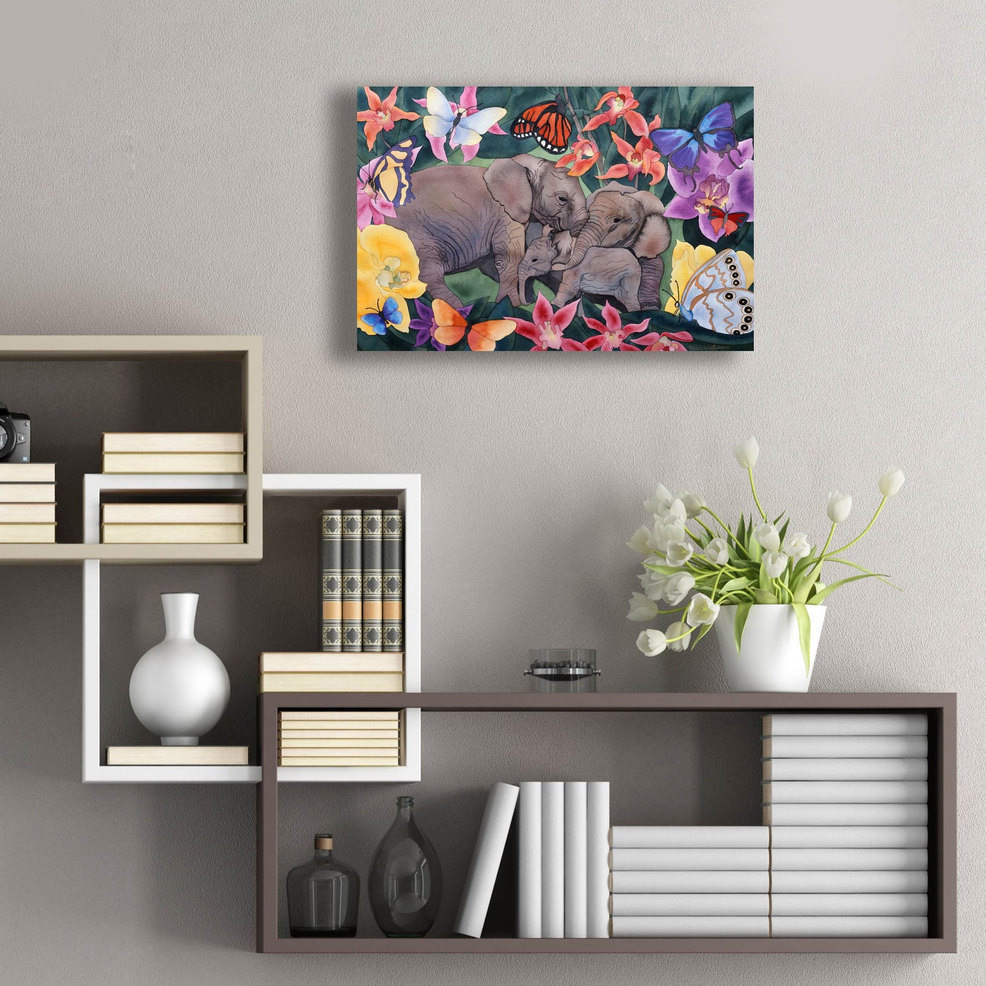 Epic Art 'Elephants and Butterflies' by Carissa Luminess, Acrylic Glass Wall Art,24x16