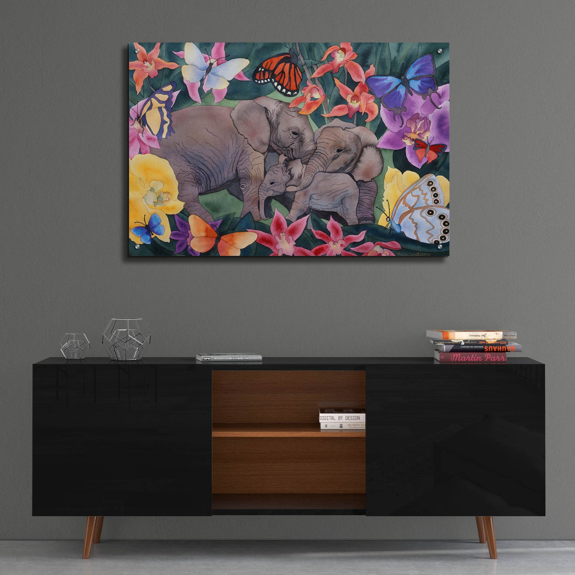 Epic Art 'Elephants and Butterflies' by Carissa Luminess, Acrylic Glass Wall Art,36x24