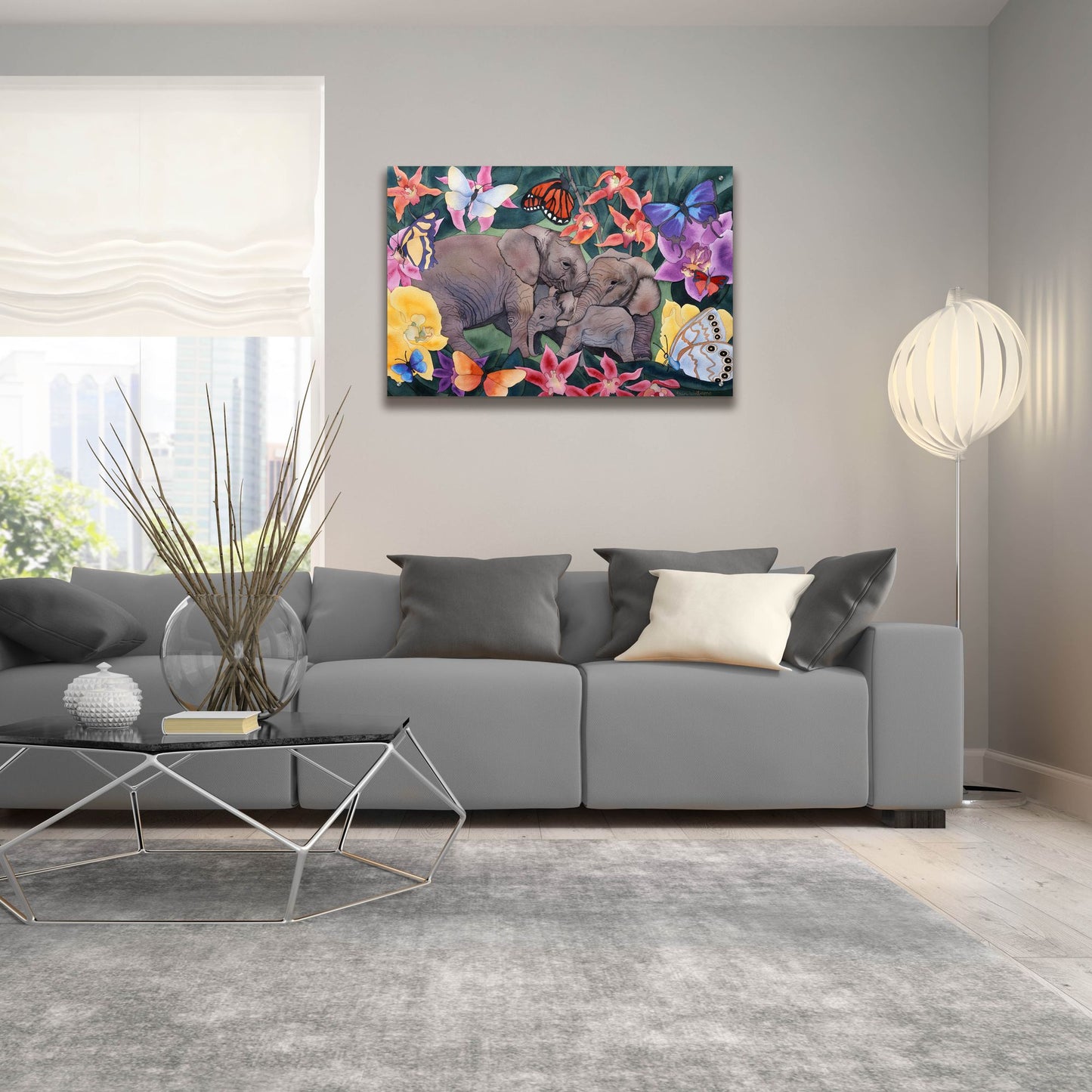 Epic Art 'Elephants and Butterflies' by Carissa Luminess, Acrylic Glass Wall Art,36x24