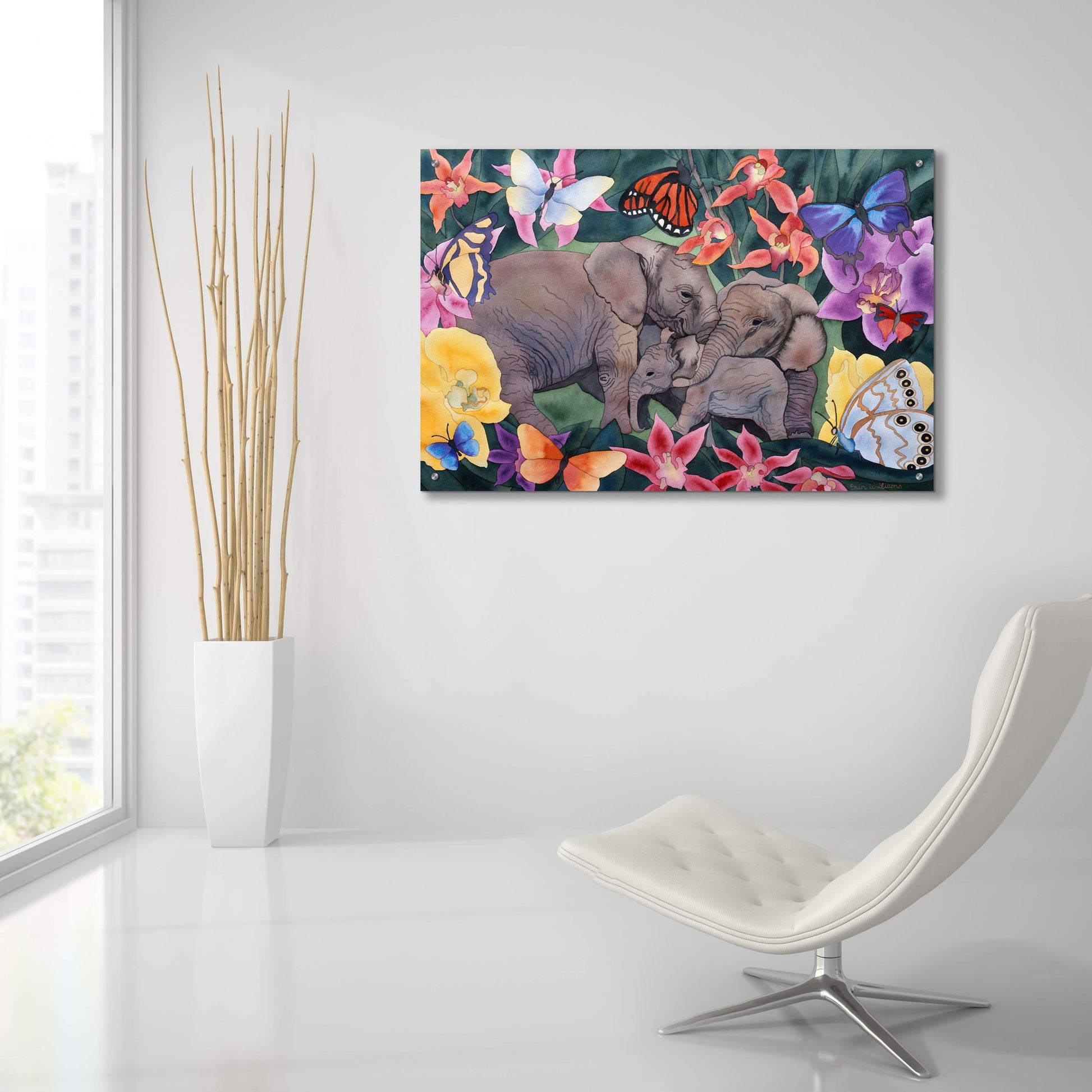 Epic Art 'Elephants and Butterflies' by Carissa Luminess, Acrylic Glass Wall Art,36x24