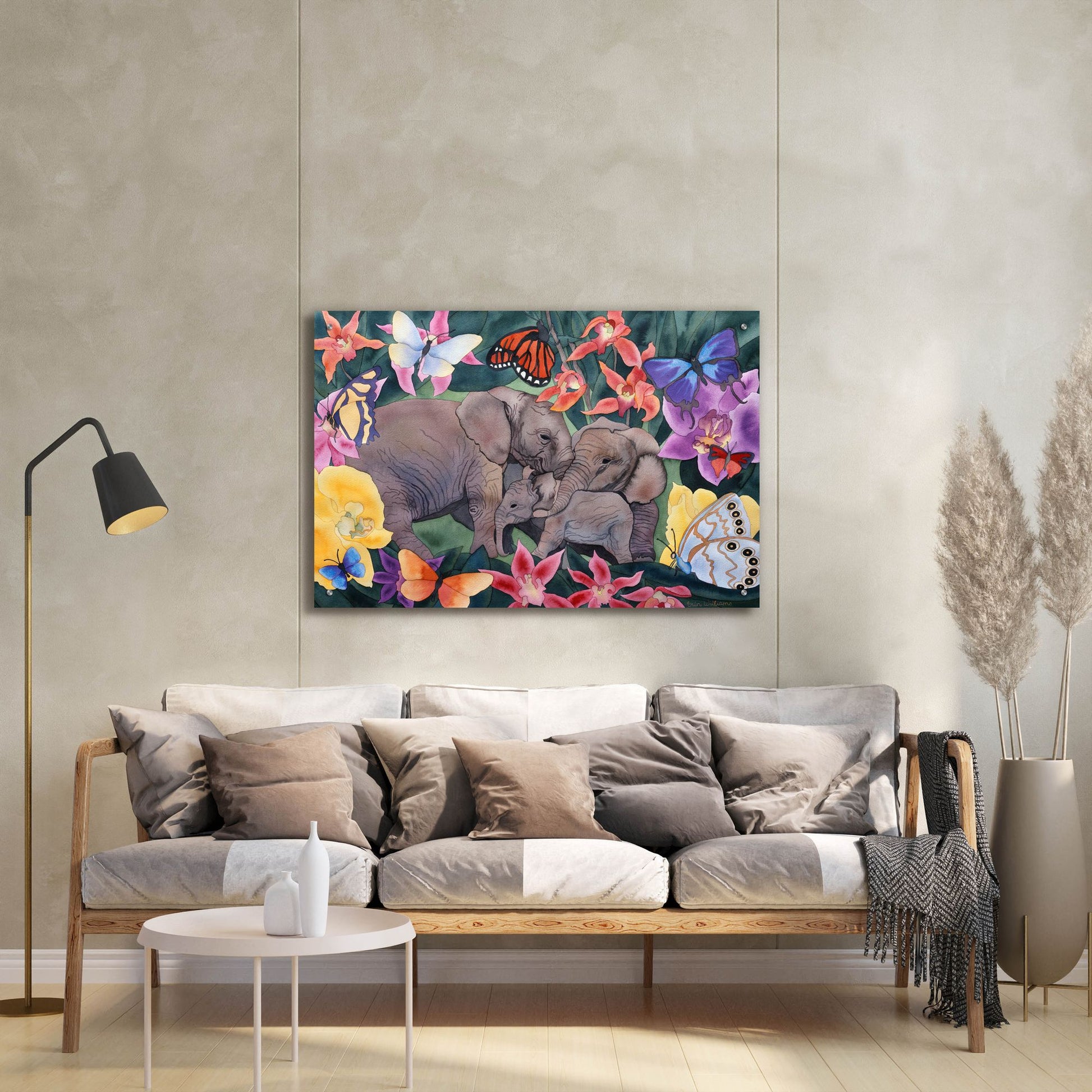 Epic Art 'Elephants and Butterflies' by Carissa Luminess, Acrylic Glass Wall Art,36x24