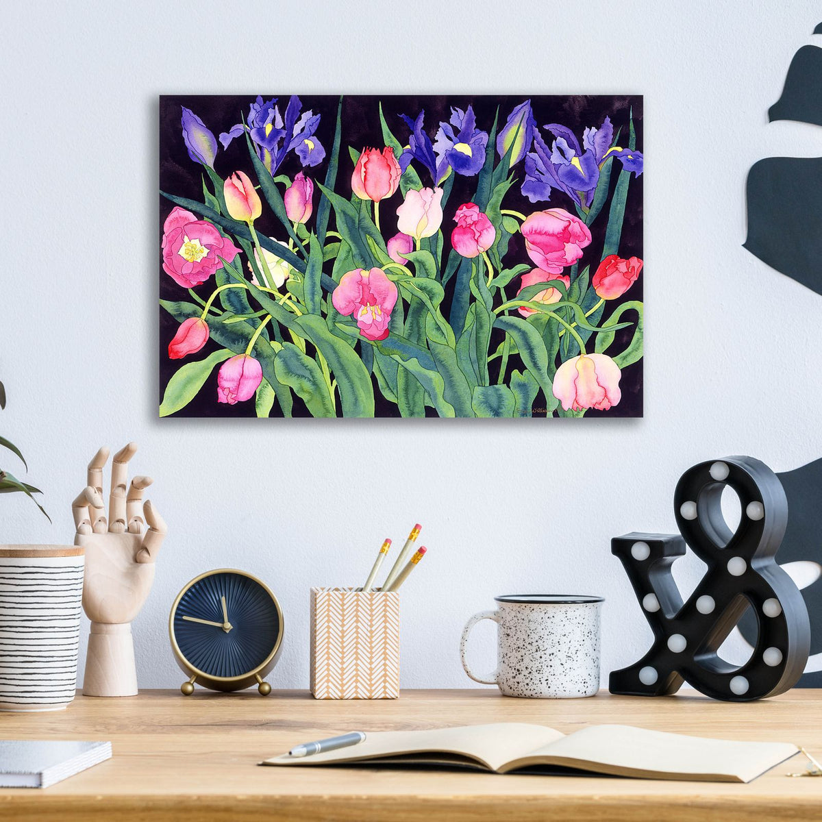 Tulips And Irises by Carissa Luminess - 16x12 acrylic wall art in a room
