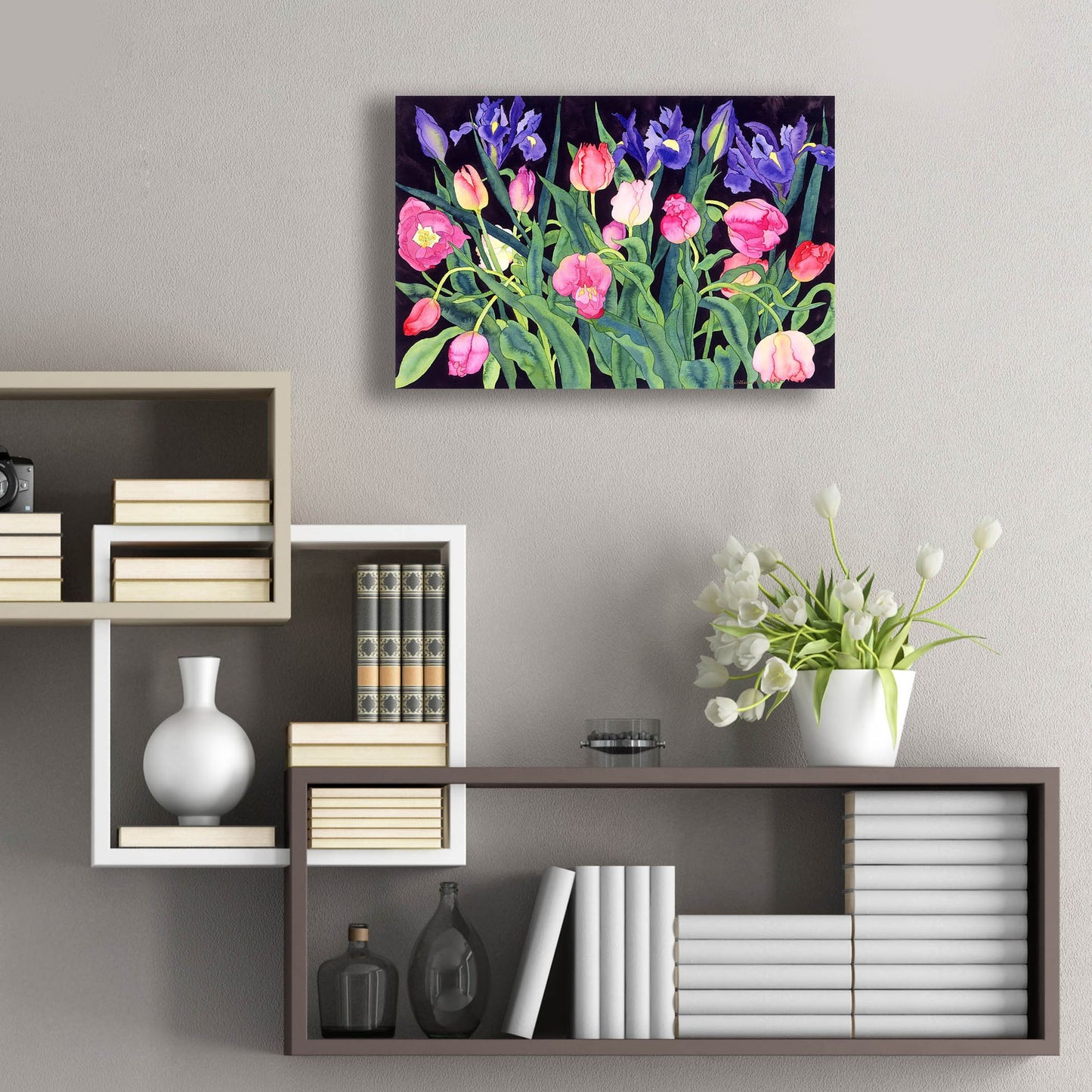 Epic Art 'Tulips And Irises' by Carissa Luminess, Acrylic Glass Wall Art,24x16