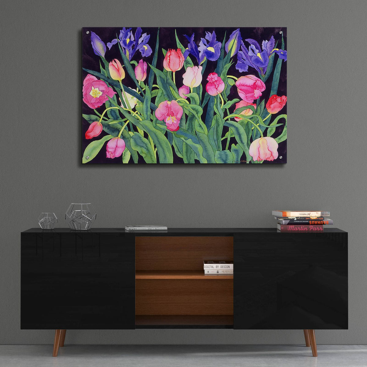 Tulips And Irises by Carissa Luminess - 36x24 acrylic wall art in a room