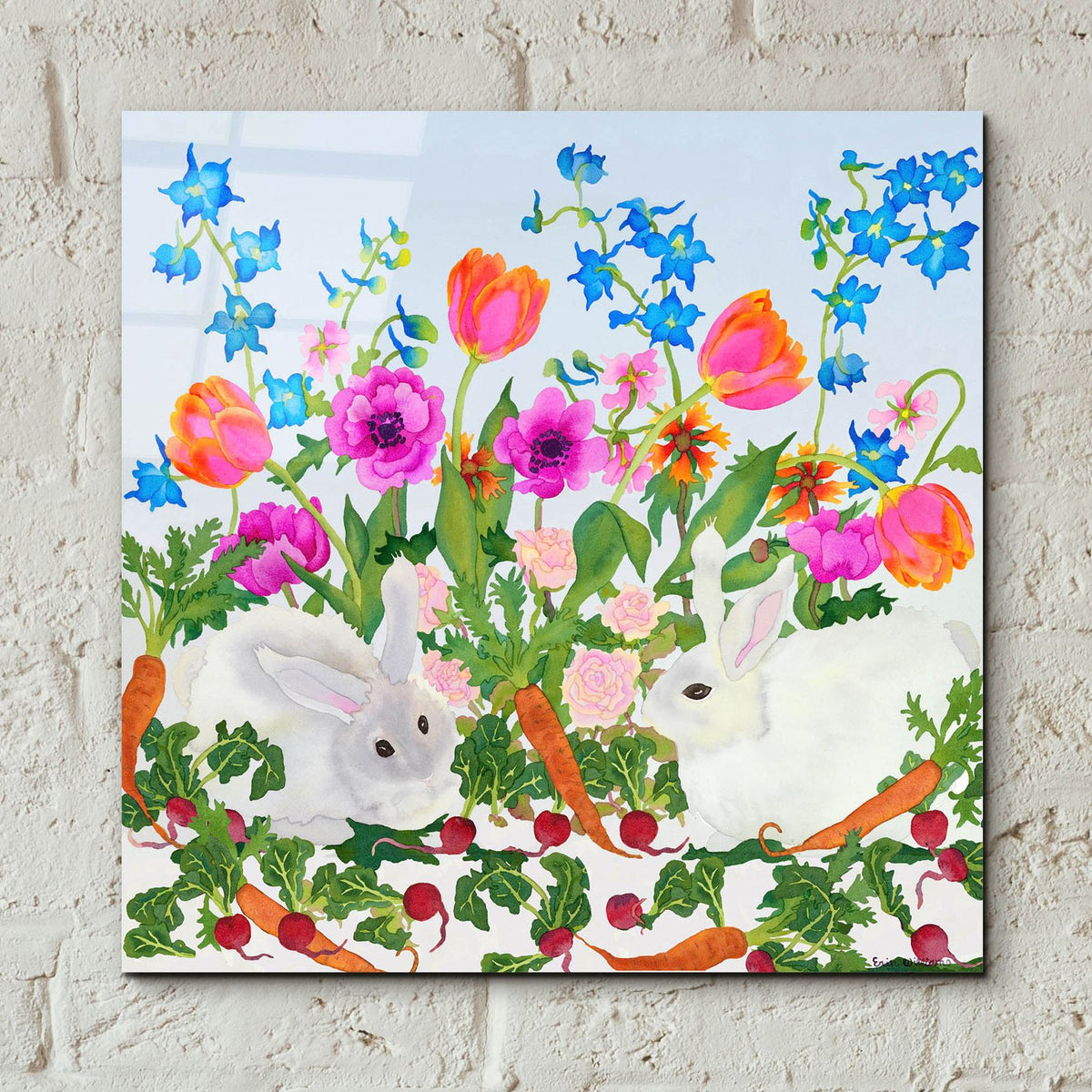 Rabbits And Carrot - Square by Carissa Luminess - 12x12 acrylic wall art in a room