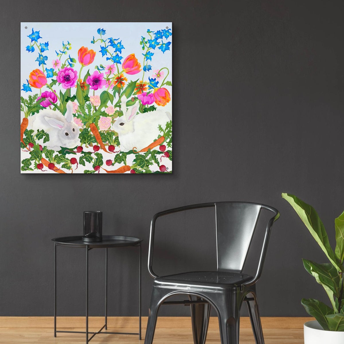 Rabbits And Carrot - Square by Carissa Luminess - 36x36 acrylic wall art in a room