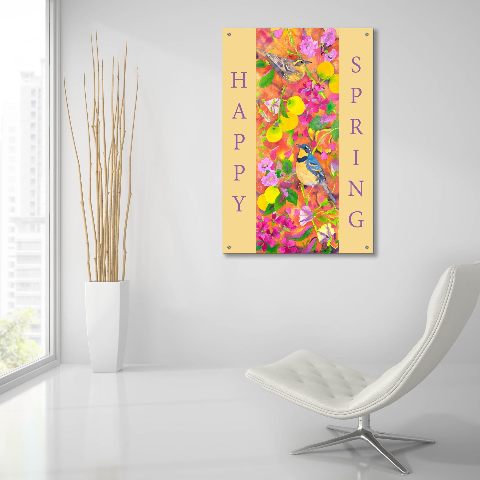 Epic Art 'Varied Thrushes Happy Spring' by Carissa Luminess, Acrylic Glass Wall Art,24x36