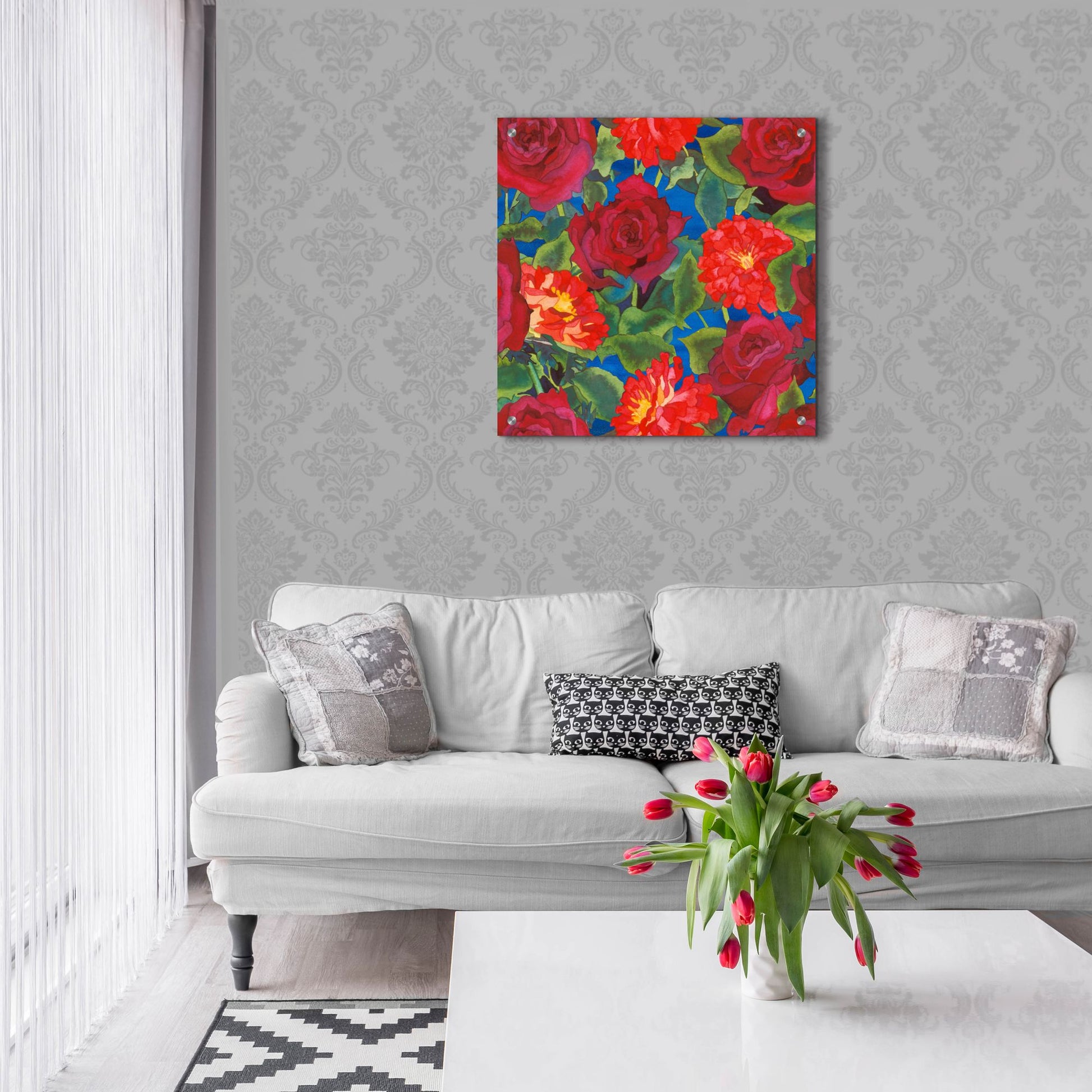 Epic Art 'Dance Of Love- Roses & Zinnias' by Carissa Luminess, Acrylic Glass Wall Art,24x24