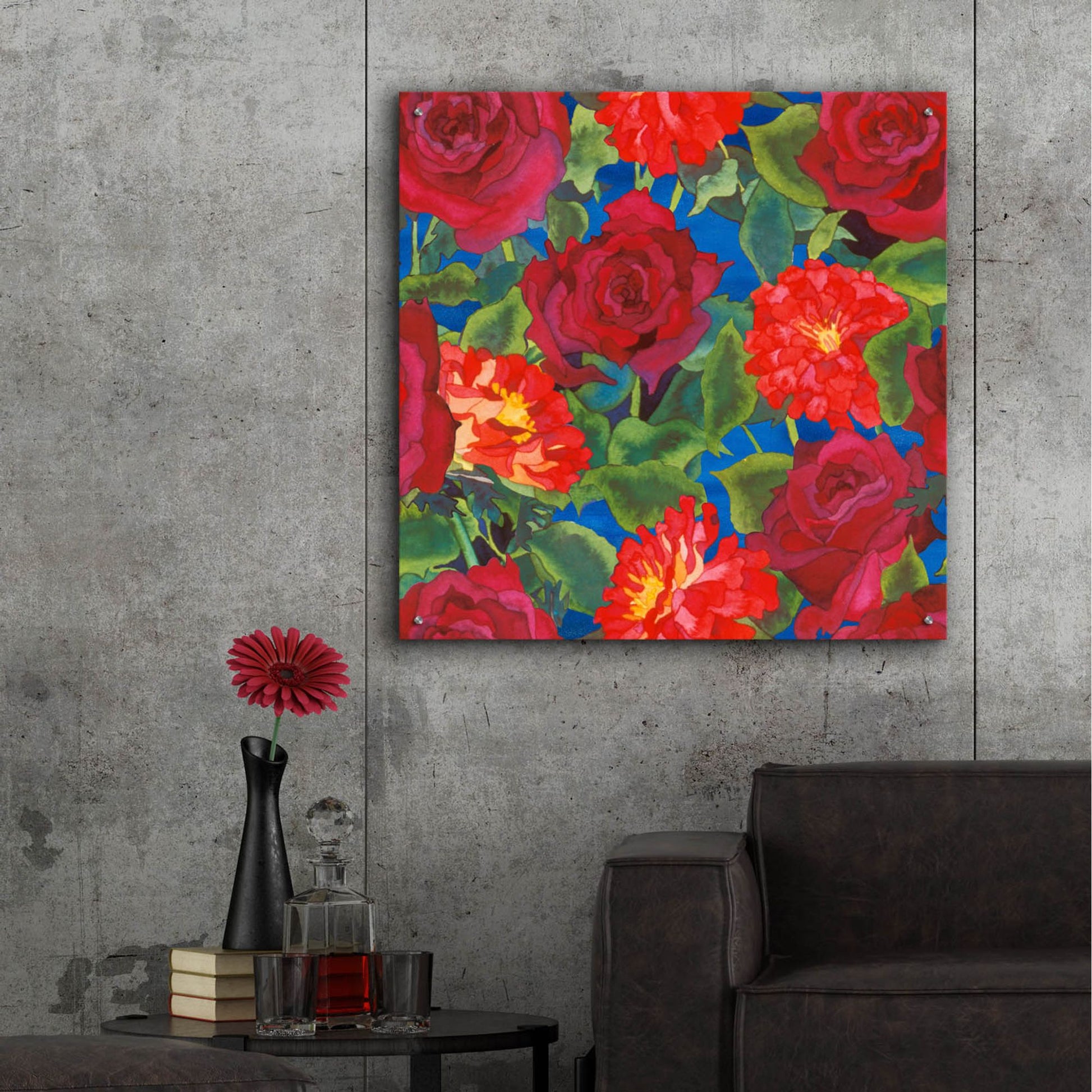 Epic Art 'Dance Of Love- Roses & Zinnias' by Carissa Luminess, Acrylic Glass Wall Art,36x36