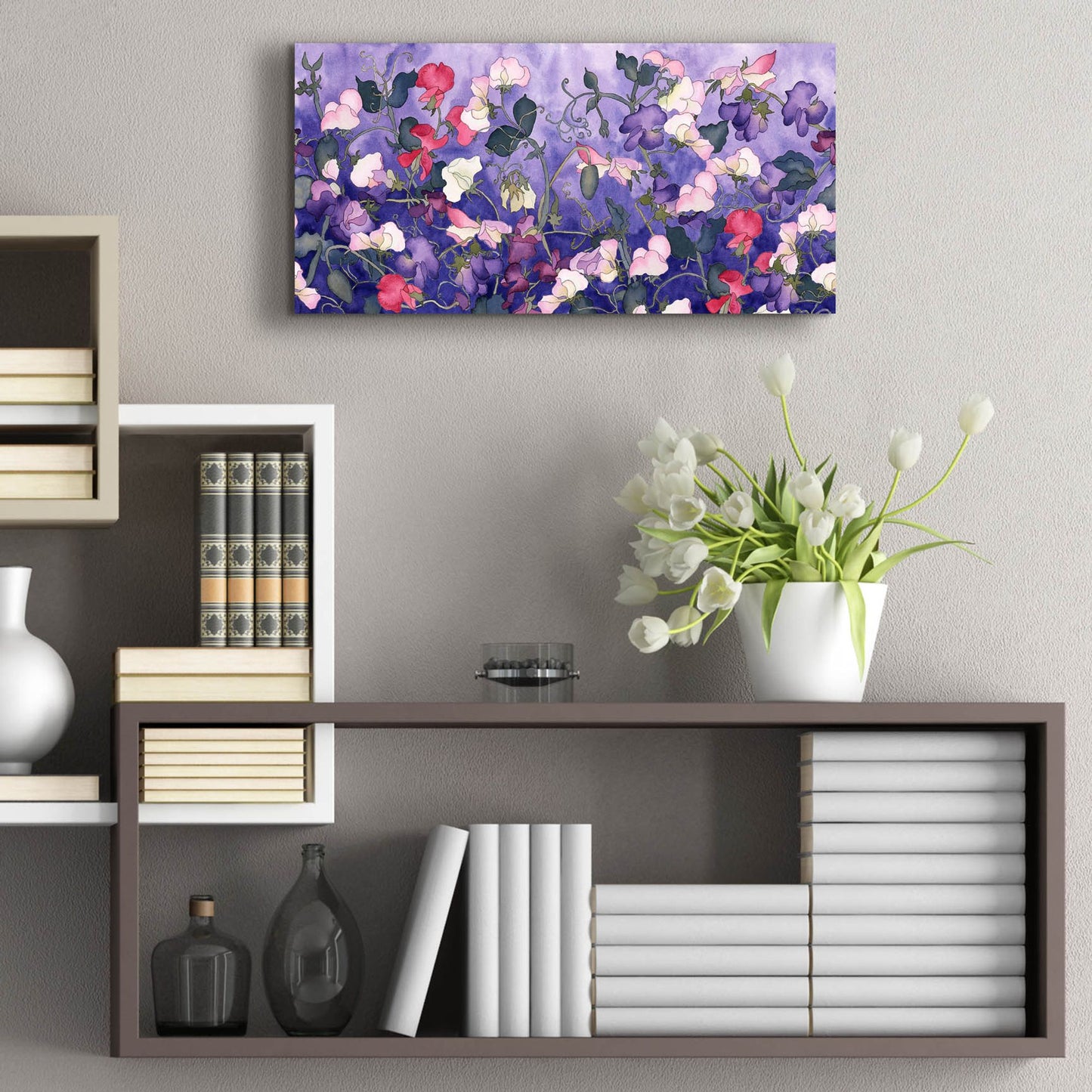 Epic Art 'Poppies & Sweet Peas- Run On Pattern' by Carissa Luminess, Acrylic Glass Wall Art,24x12