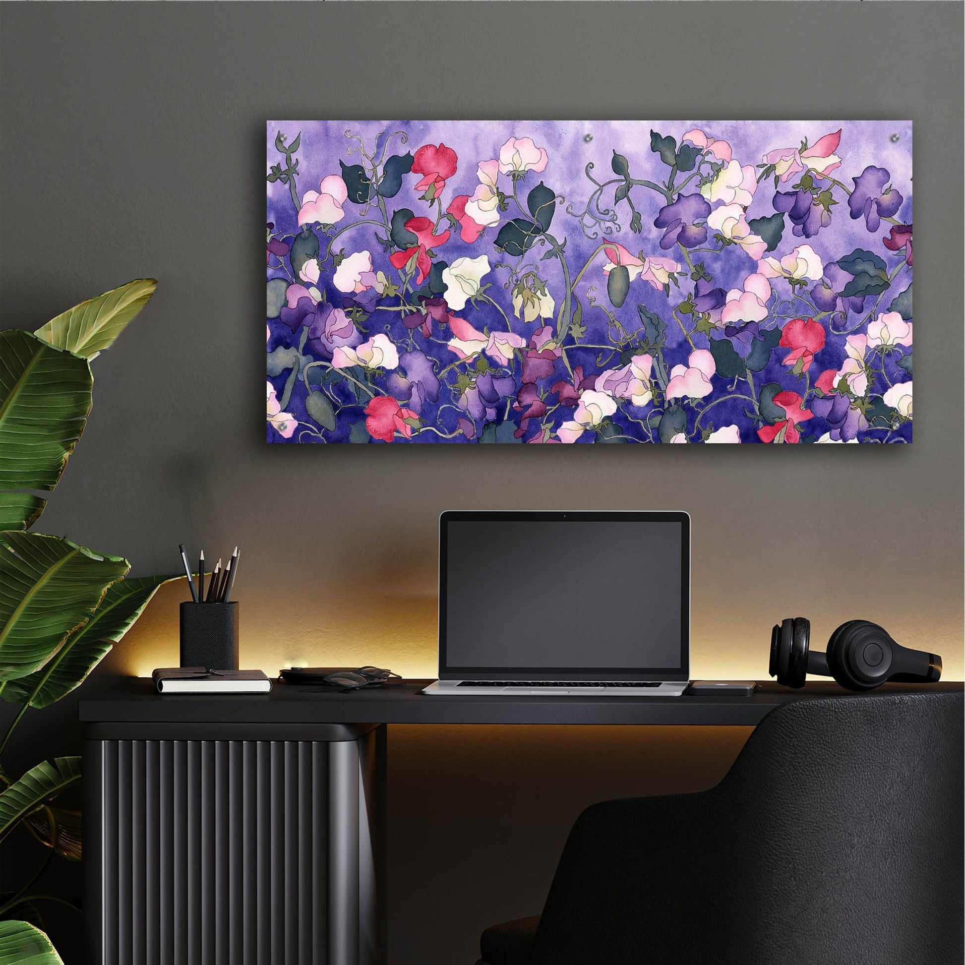 Epic Art 'Poppies & Sweet Peas- Run On Pattern' by Carissa Luminess, Acrylic Glass Wall Art,48x24