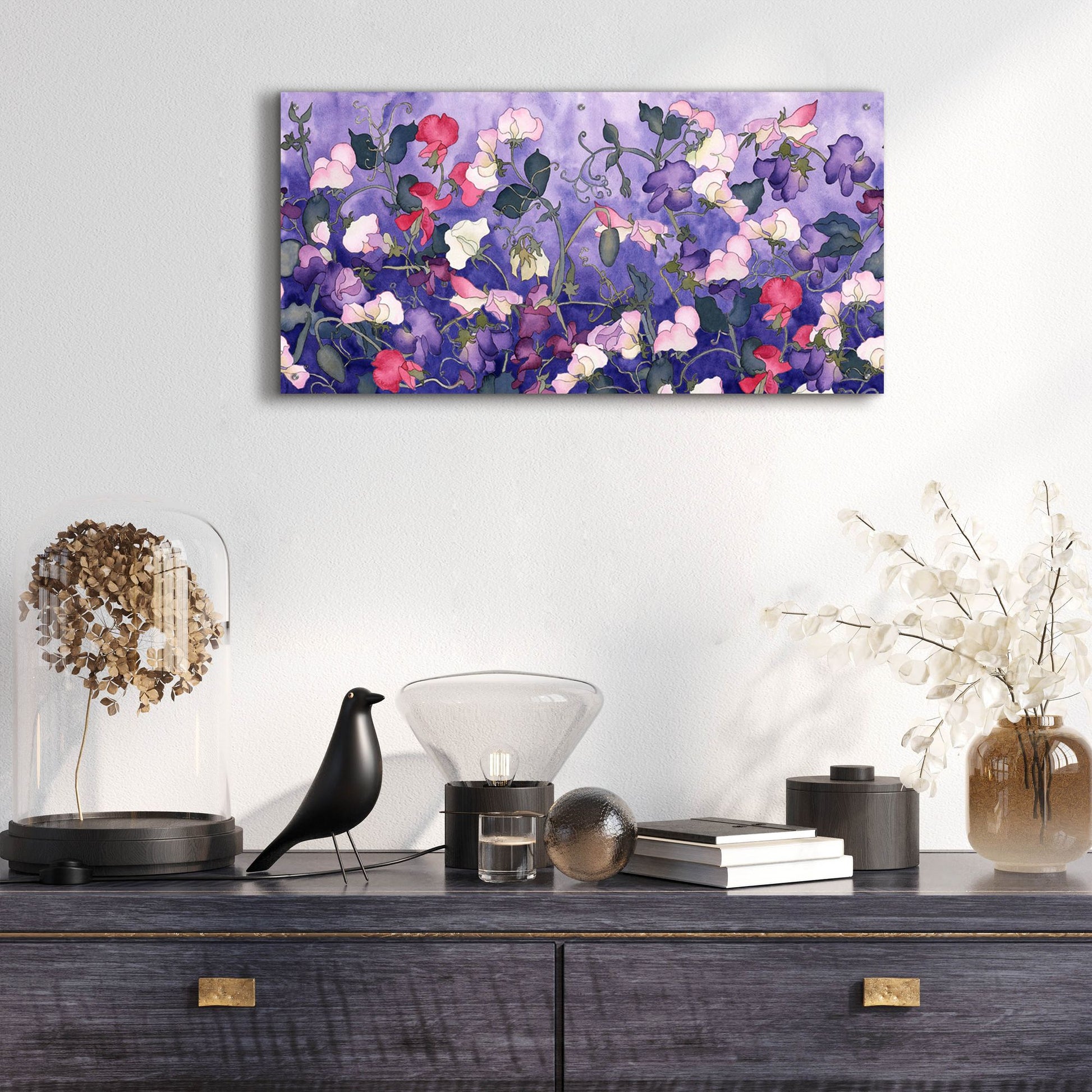 Epic Art 'Poppies & Sweet Peas- Run On Pattern' by Carissa Luminess, Acrylic Glass Wall Art,48x24