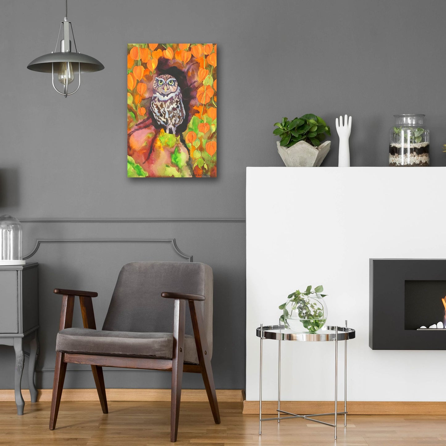 Epic Art 'Owl with Asian Lanterns' by Carissa Luminess, Acrylic Glass Wall Art,16x24