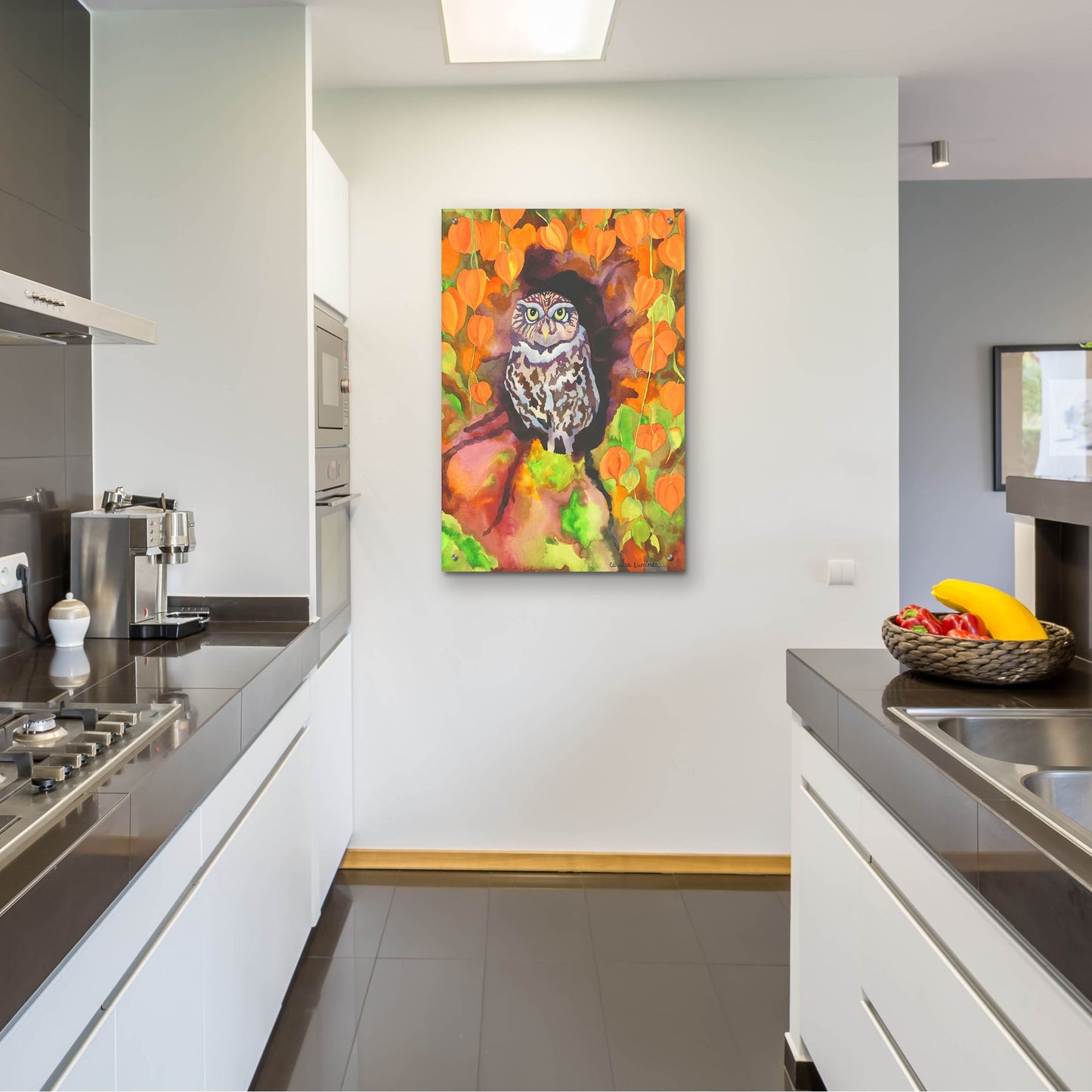 Epic Art 'Owl with Asian Lanterns' by Carissa Luminess, Acrylic Glass Wall Art,24x36