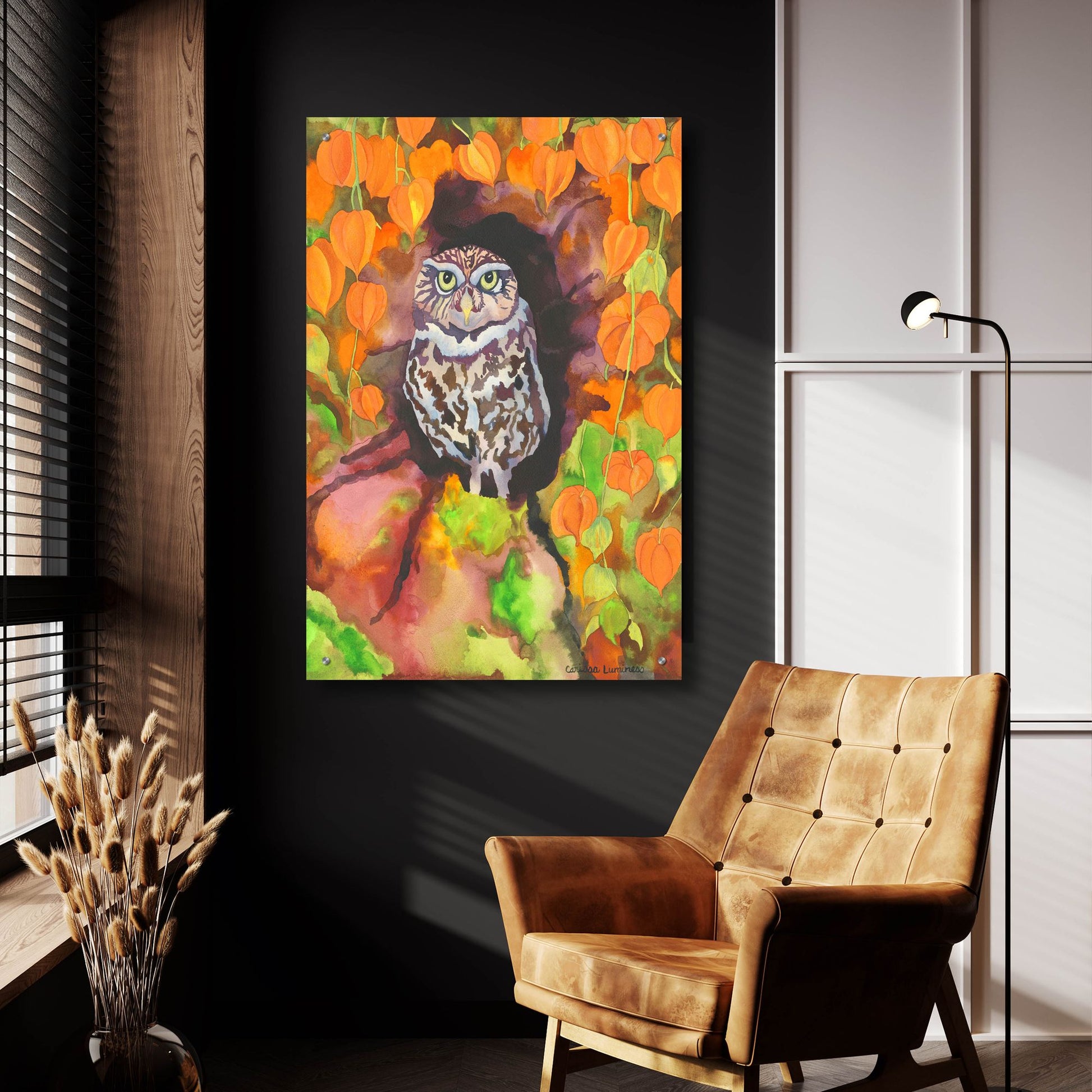 Epic Art 'Owl with Asian Lanterns' by Carissa Luminess, Acrylic Glass Wall Art,24x36