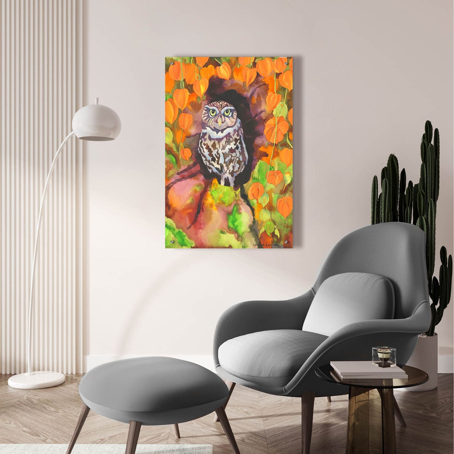 Epic Art 'Owl with Asian Lanterns' by Carissa Luminess, Acrylic Glass Wall Art,24x36