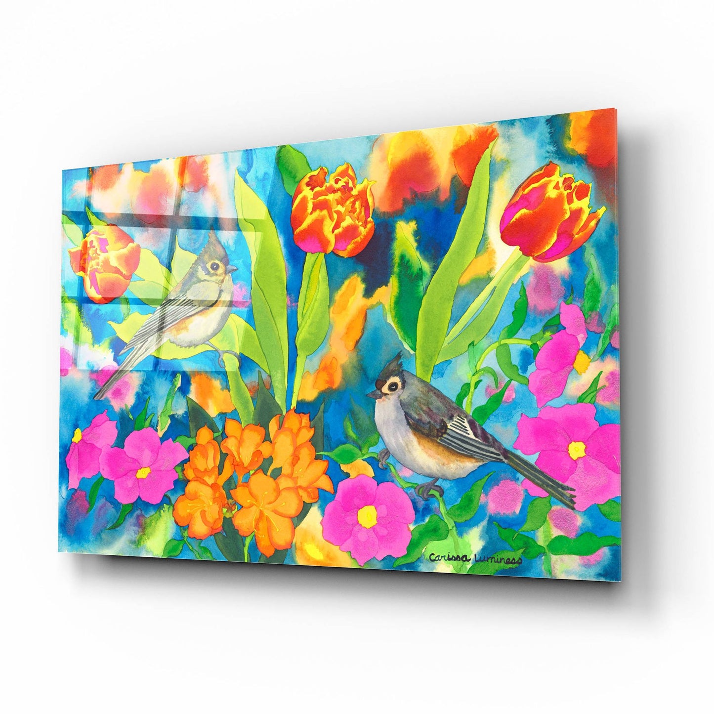 Epic Art 'Titmouses and Tulips' by Carissa Luminess, Acrylic Glass Wall Art,16x12